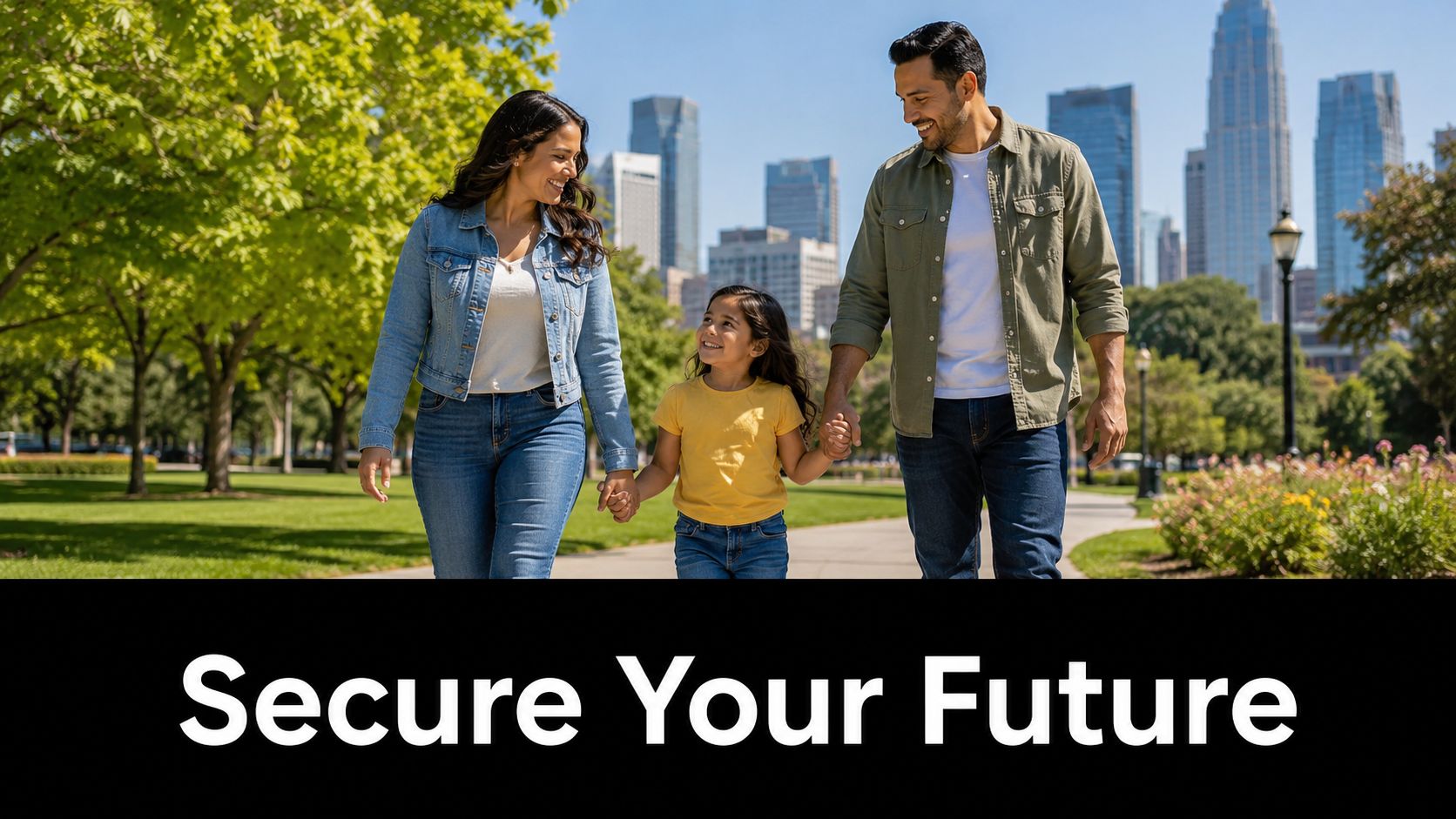 A happy family walking together in a sunny city park with a modern skyline in the background.