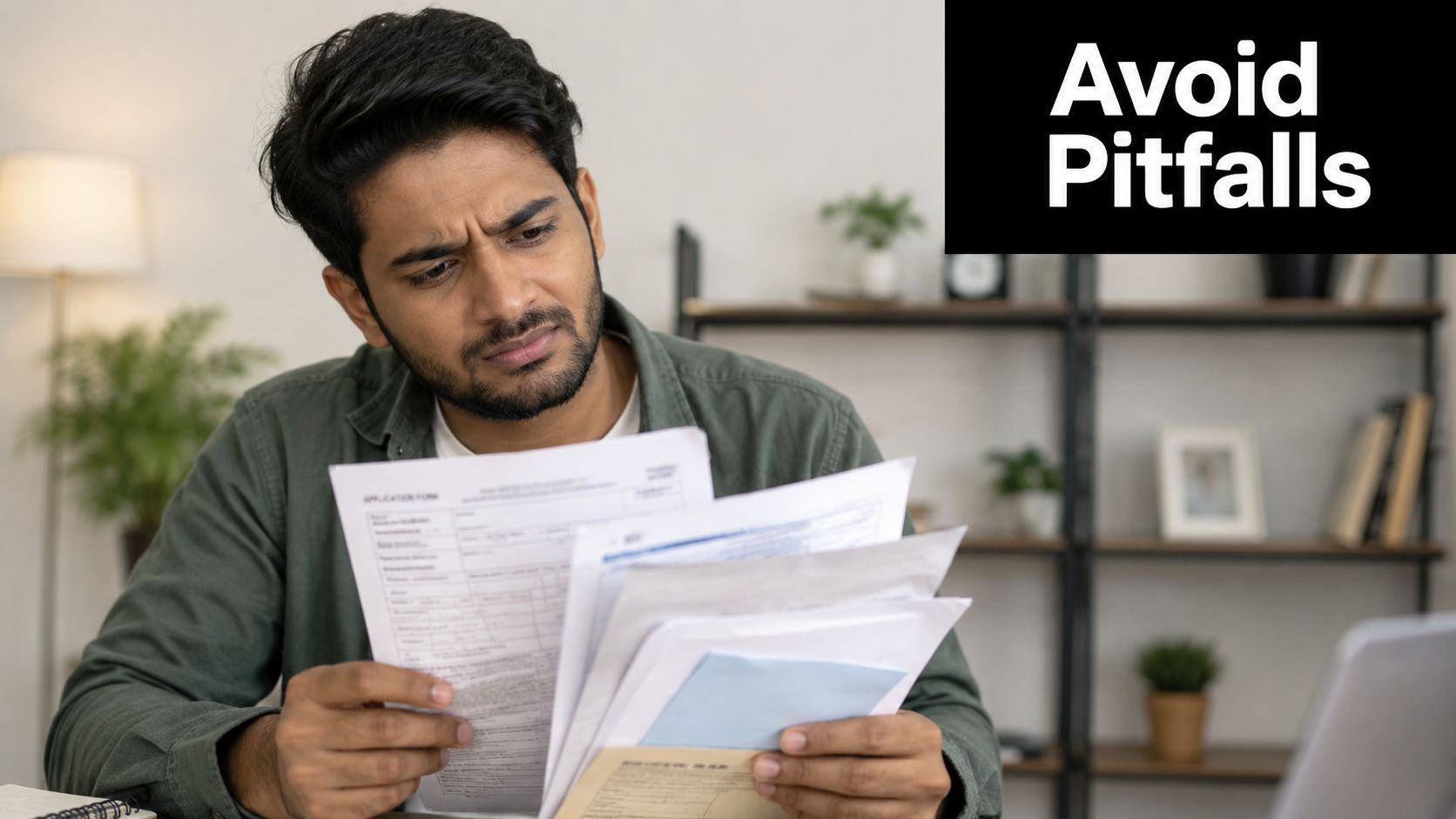 A concerned young man reviews important paperwork while sitting at a desk with documents in his hands.