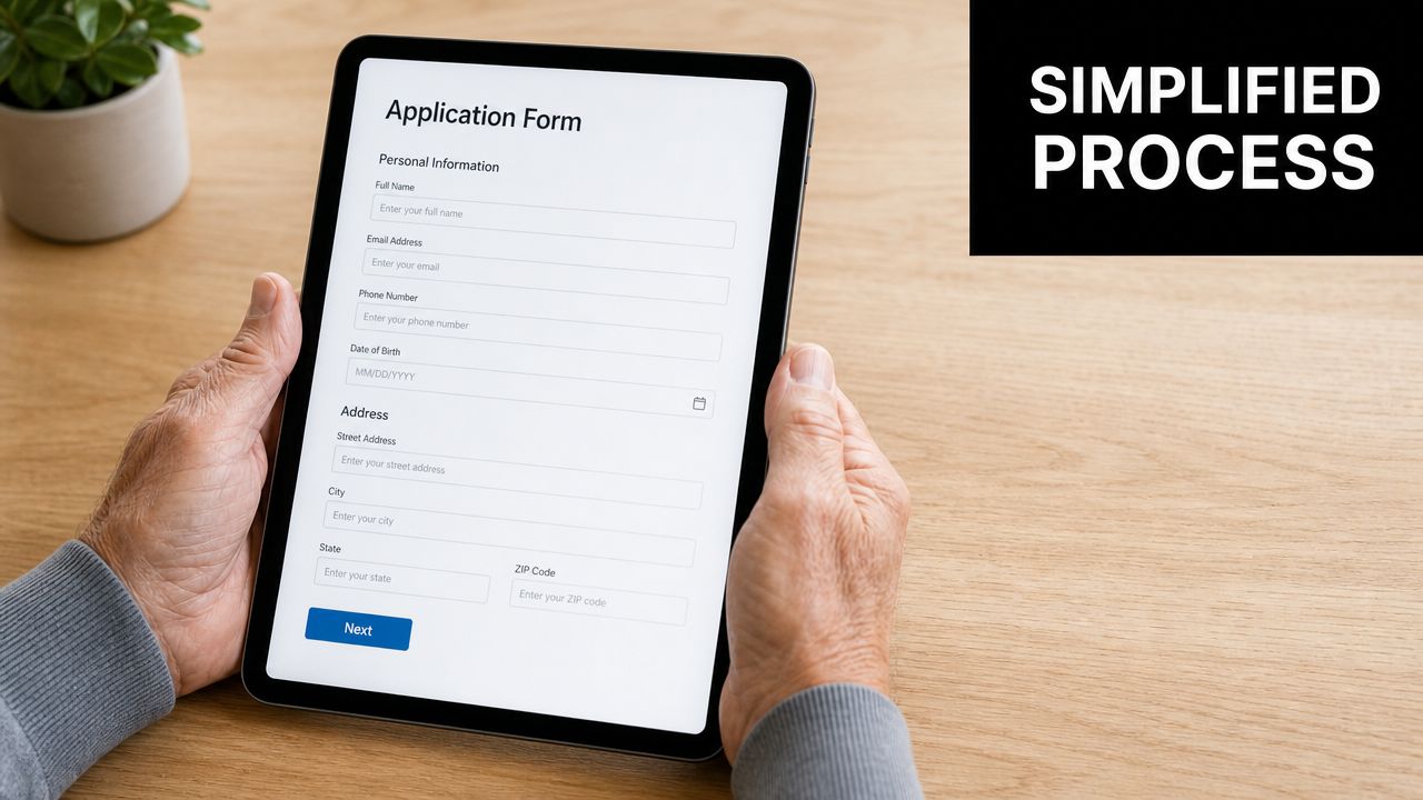 An older person holding a tablet displaying an online application form on a wooden table.