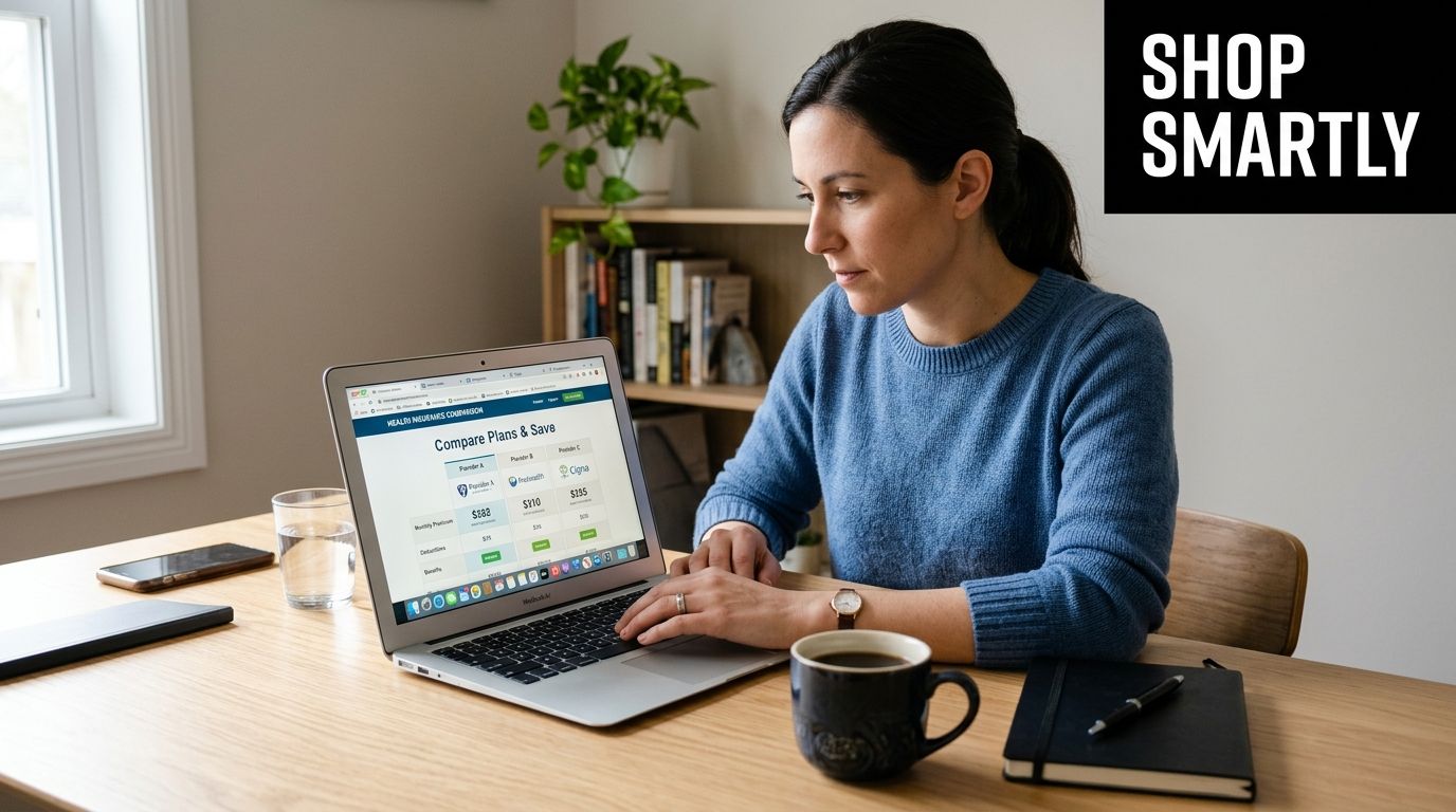 A woman sits at a wooden table using a laptop to compare different health insurance plans.