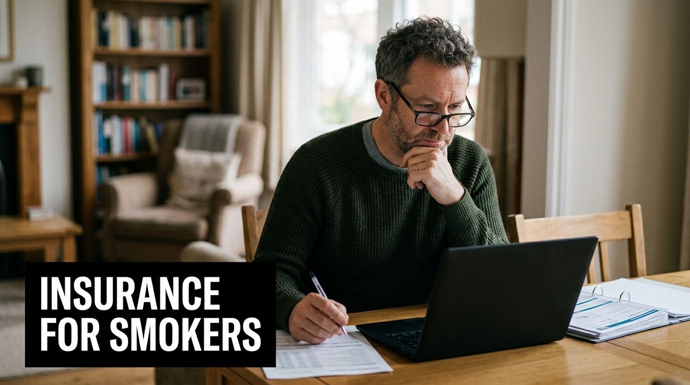 A middle-aged man with glasses sitting at a table looking at a laptop and reviewing insurance documents.