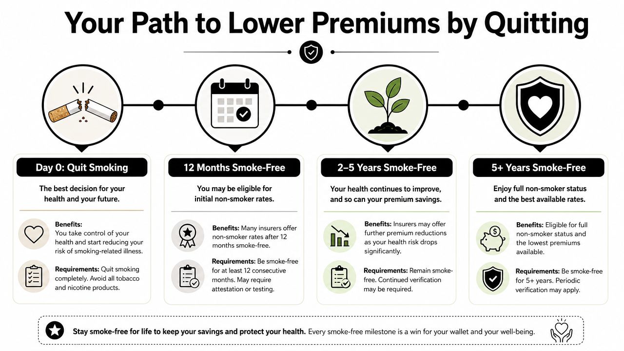 A timeline graphic showing the path to lower life insurance premiums by quitting smoking over five years.