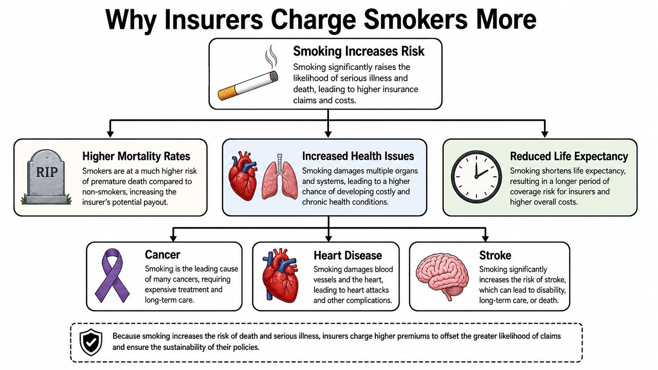 A flowchart explaining why insurance providers charge smokers higher premiums due to increased health risks and mortality.