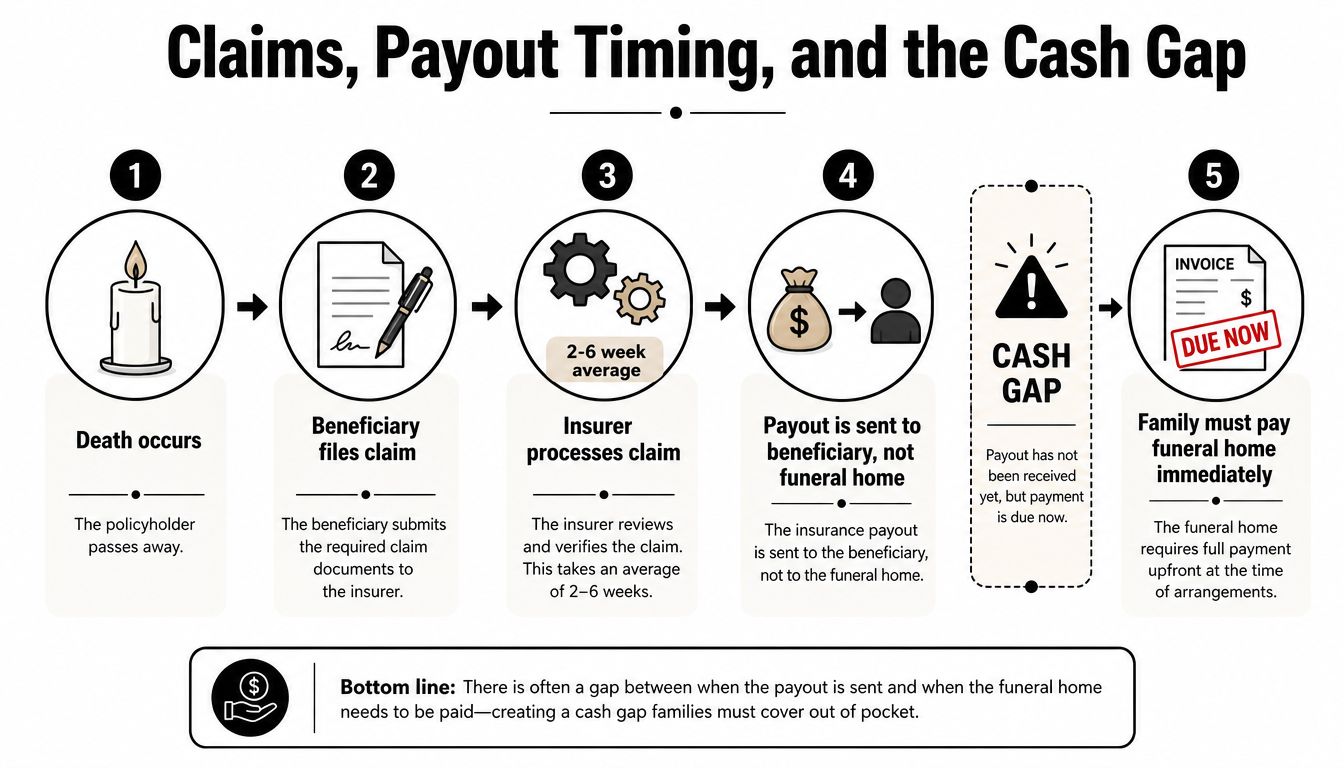 A diagram illustrating the life insurance claims process, payout timing, and the financial cash gap for families.