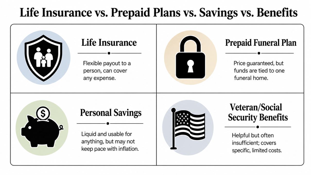 A comparison chart showing life insurance, prepaid funeral plans, personal savings, and government benefits for expenses.