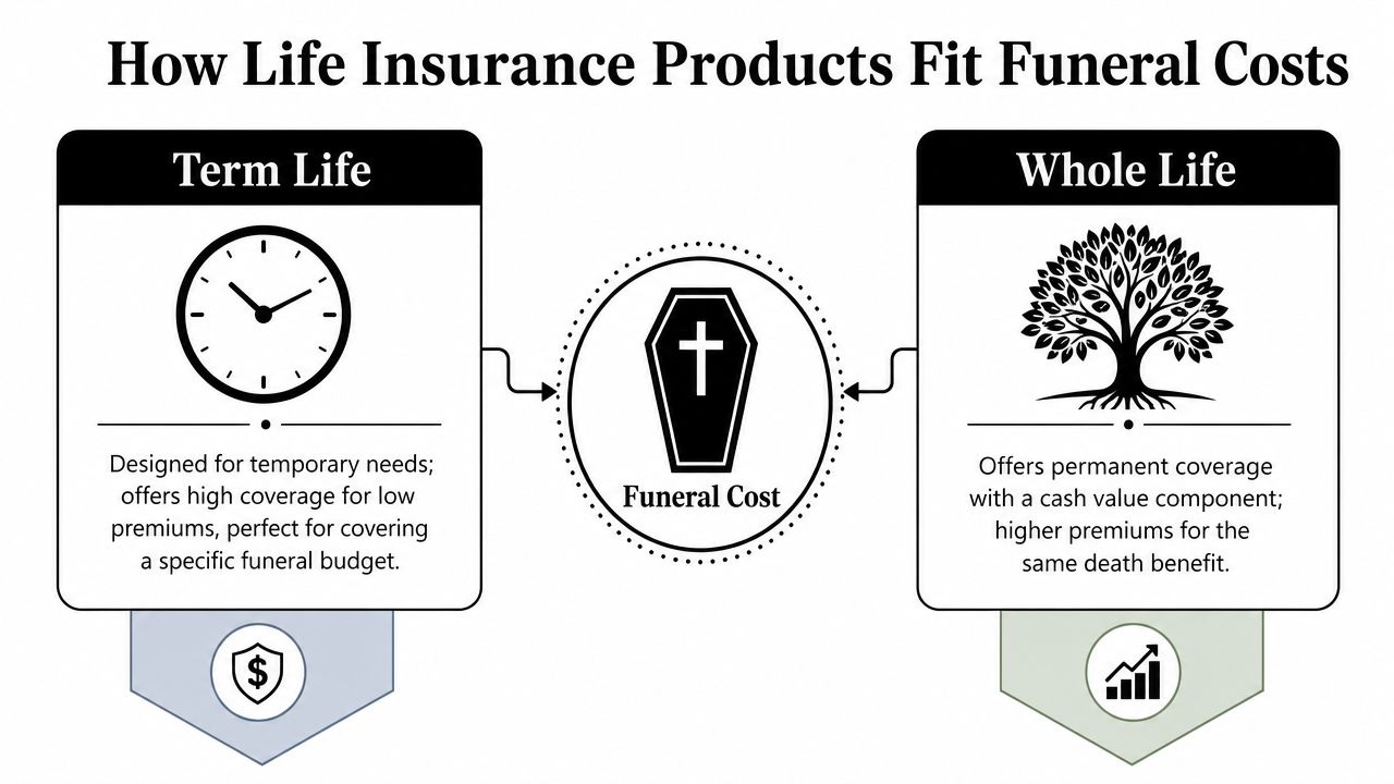 An infographic showing how Term Life and Whole Life insurance products can cover funeral costs.