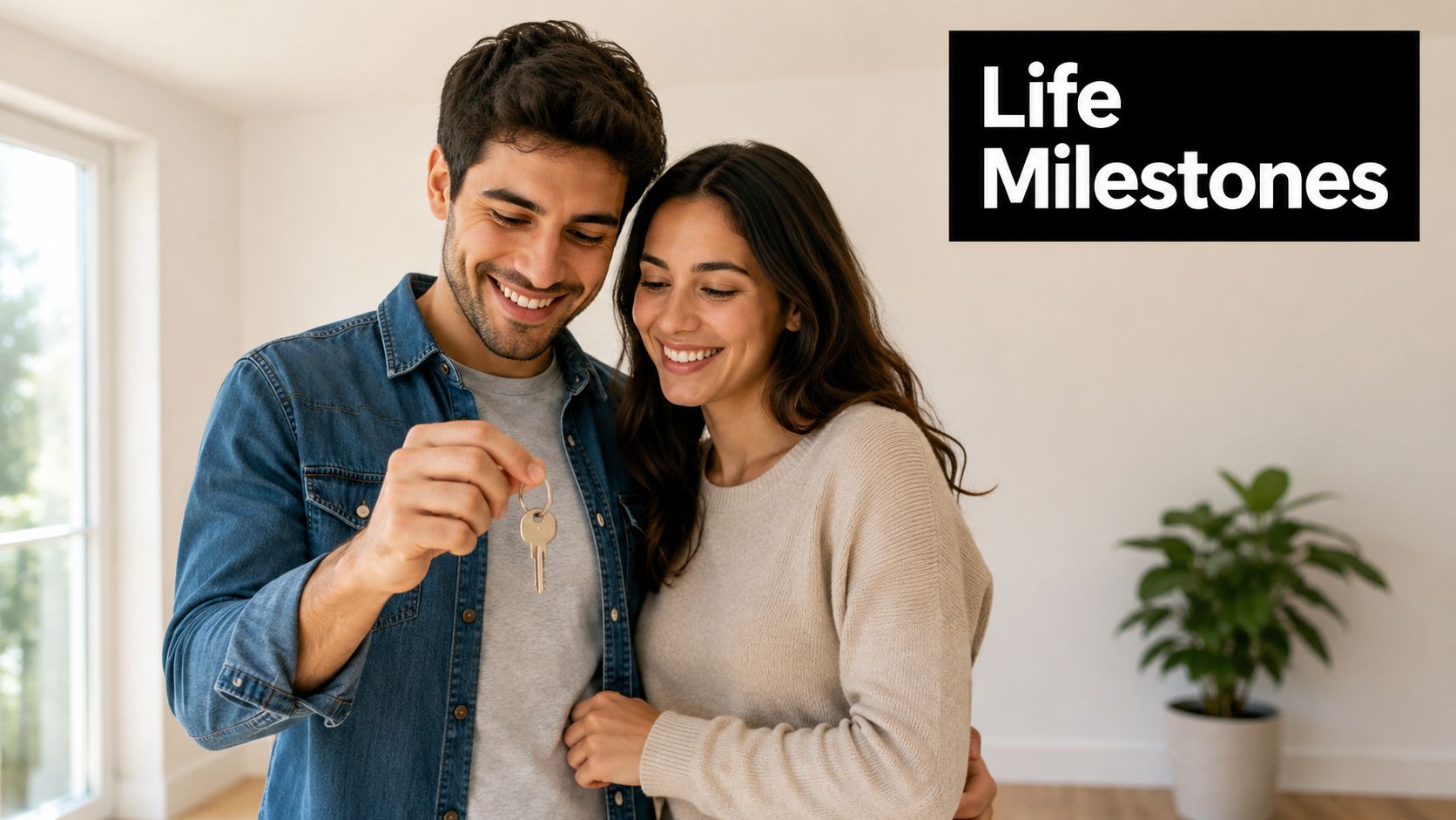 A happy couple smiling while holding the key to their new home, symbolizing a major life milestone.