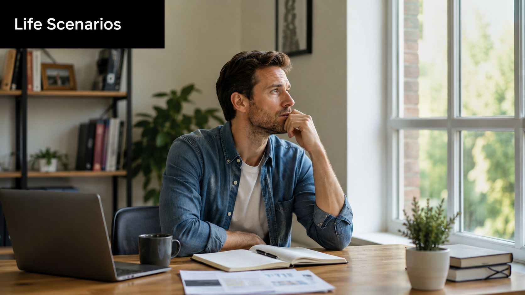 A pensive man sitting at his desk looking out a window while working on a laptop.
