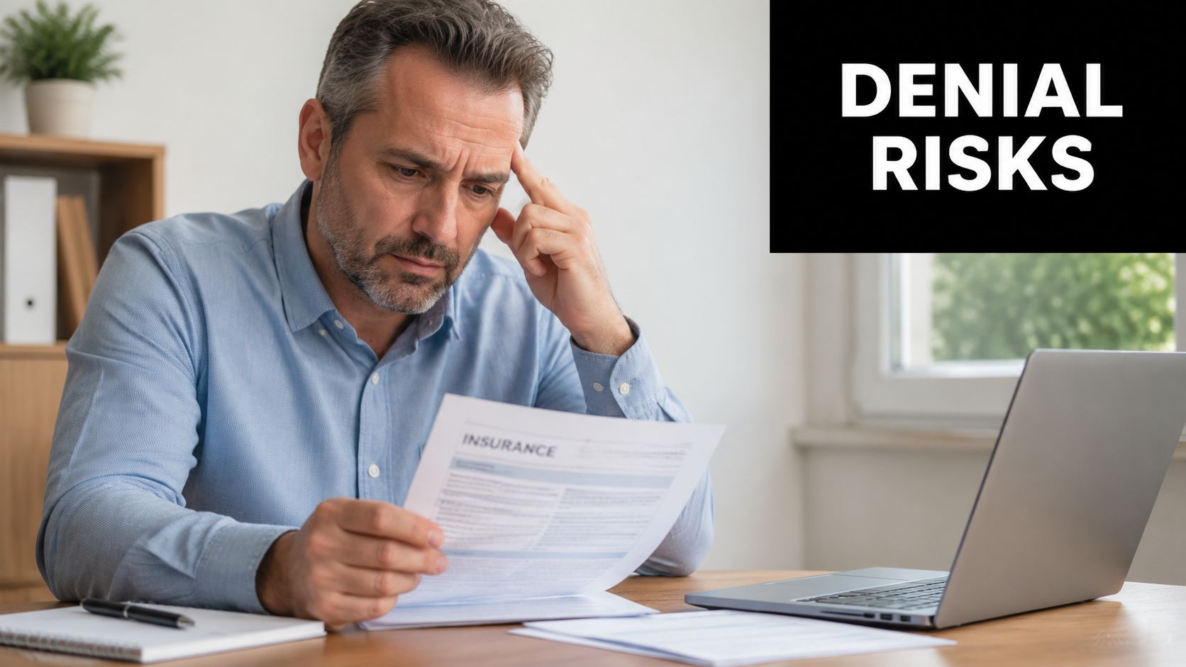 A concerned man sitting at a desk reviewing insurance documents while looking at a laptop screen.