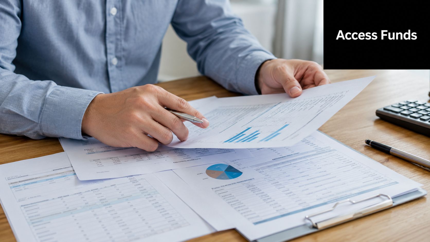 A professional analyzing financial documents with charts while holding a silver pen at a desk.
