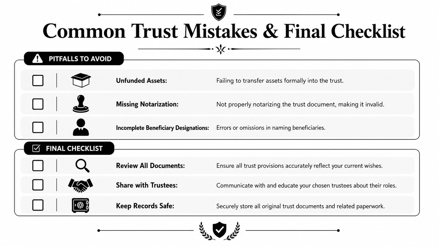 A checklist infographic titled Common Trust Mistakes & Final Checklist, highlighting key estate planning steps and errors.