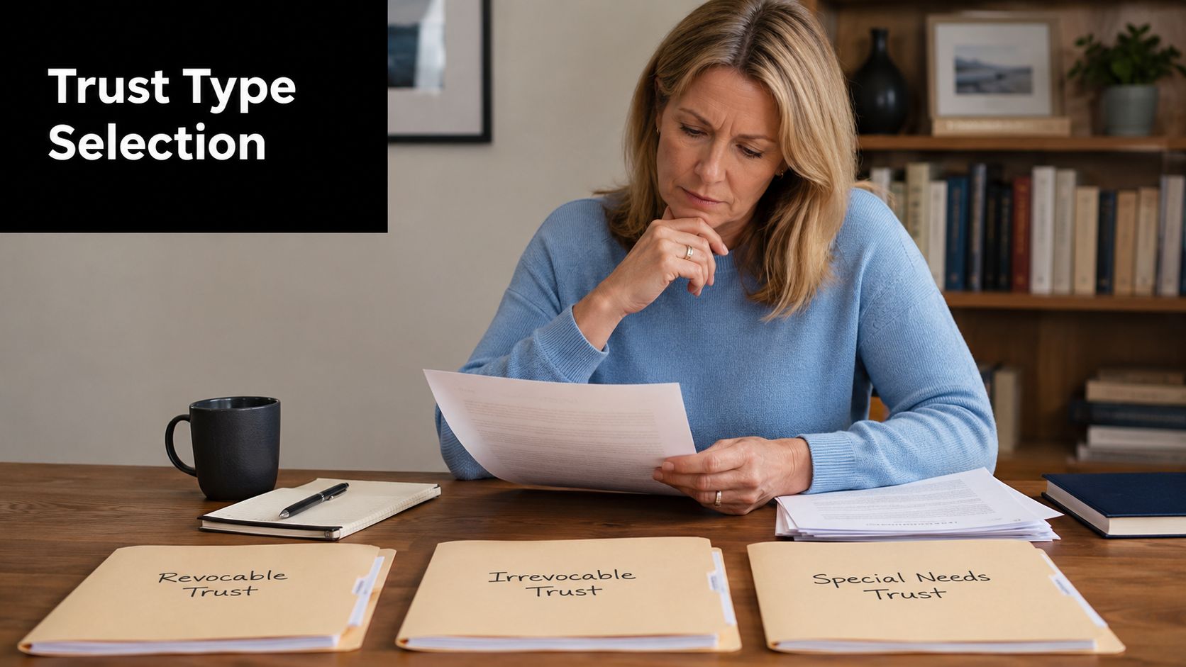 A woman sits at a wooden desk, thoughtfully reviewing documents while considering different trust fund options.