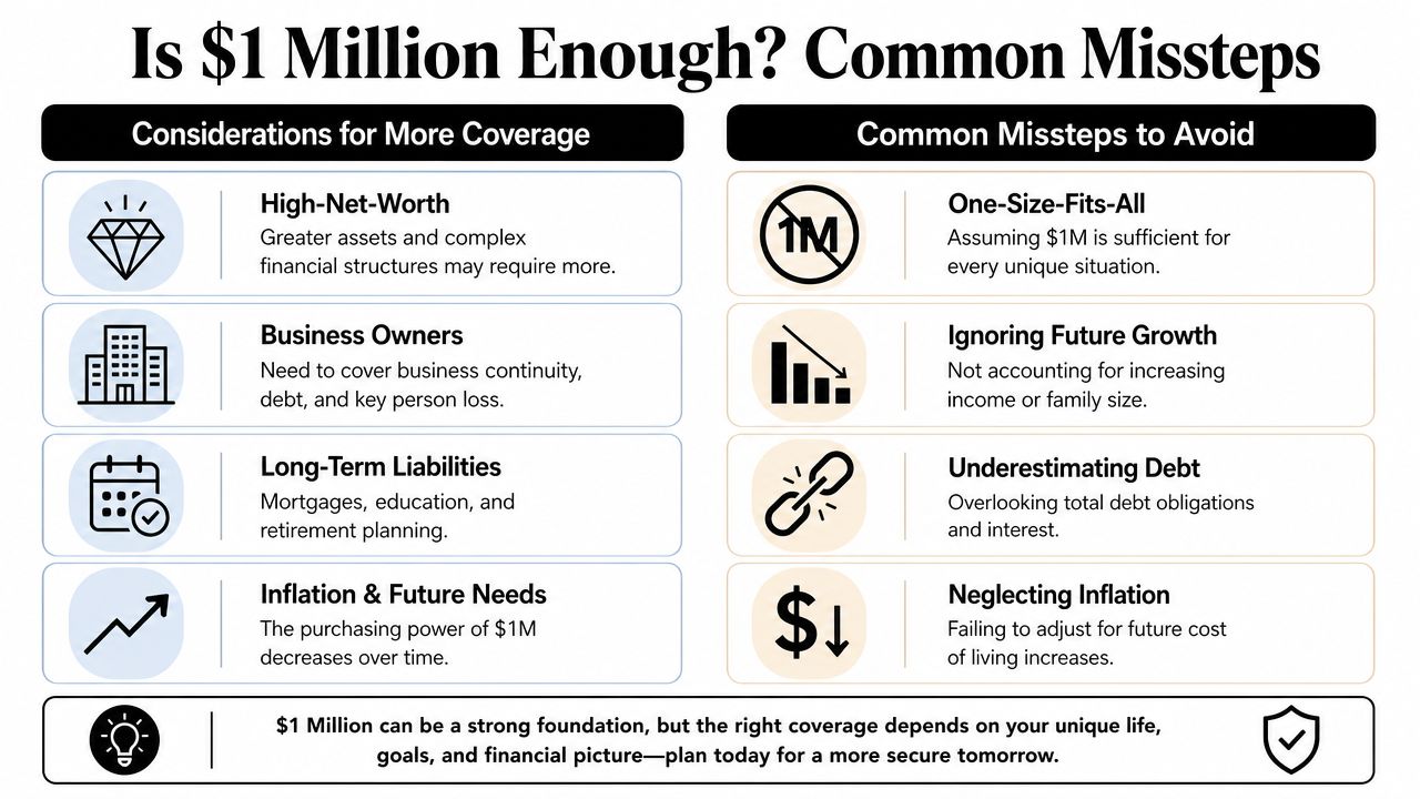 An infographic titled Is $1 Million Enough? detailing considerations for coverage and common financial missteps to avoid.