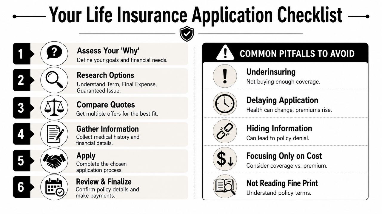 A six-step checklist for applying for life insurance alongside common pitfalls to avoid during the process.