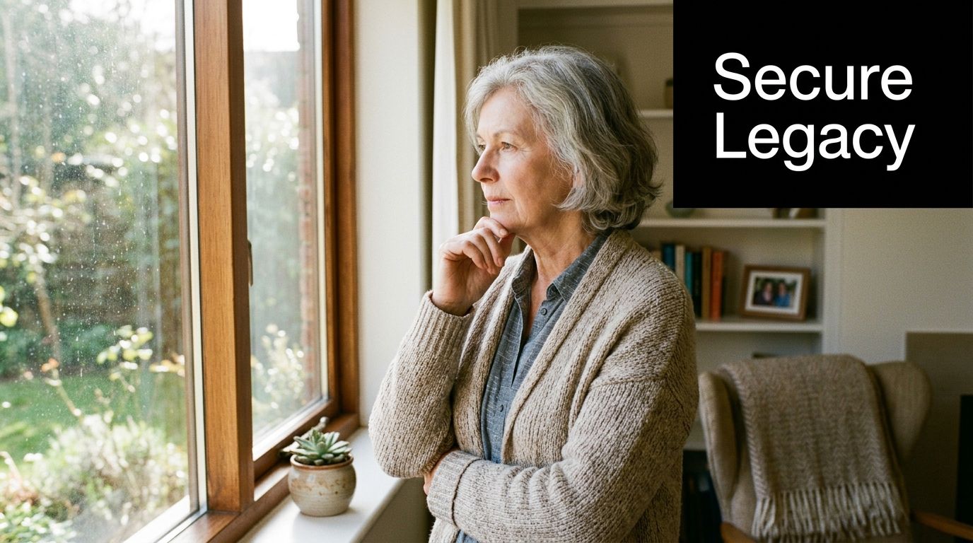A thoughtful senior woman with grey hair looking out a window at home, reflecting on life.
