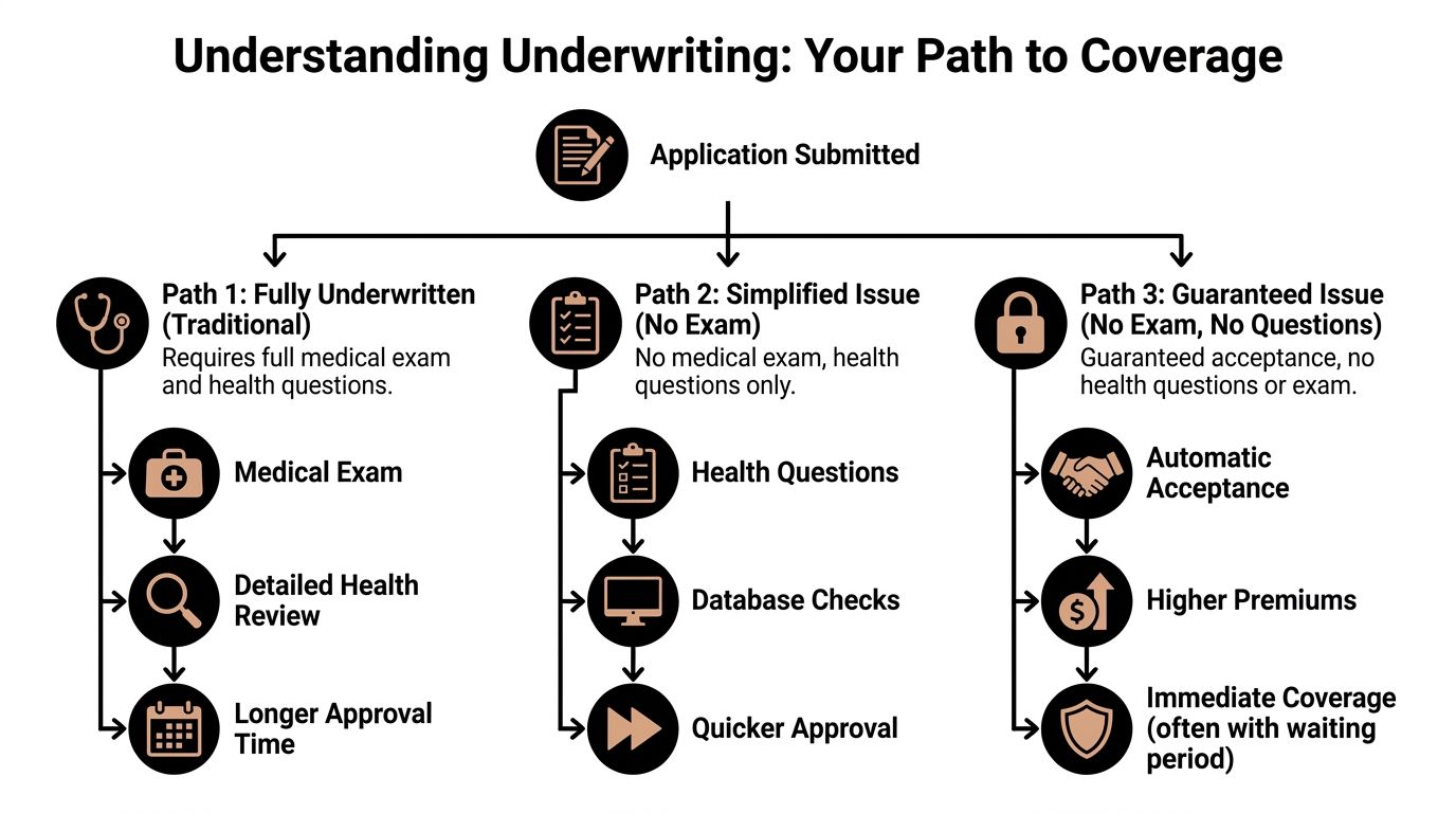 A diagram illustrating the three different underwriting paths for life insurance coverage: Fully Underwritten, Simplified, and Guaranteed.