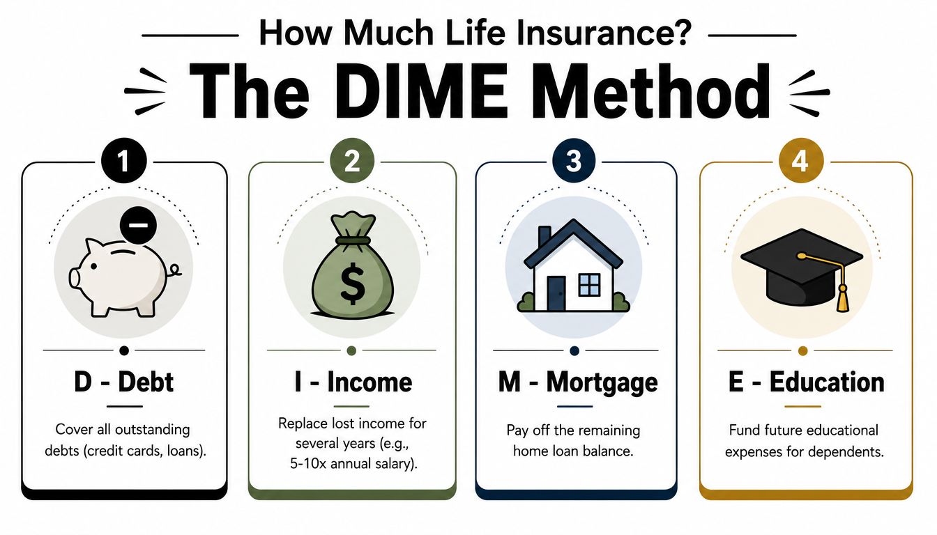 A visual guide explaining the DIME method to calculate necessary life insurance coverage for families.