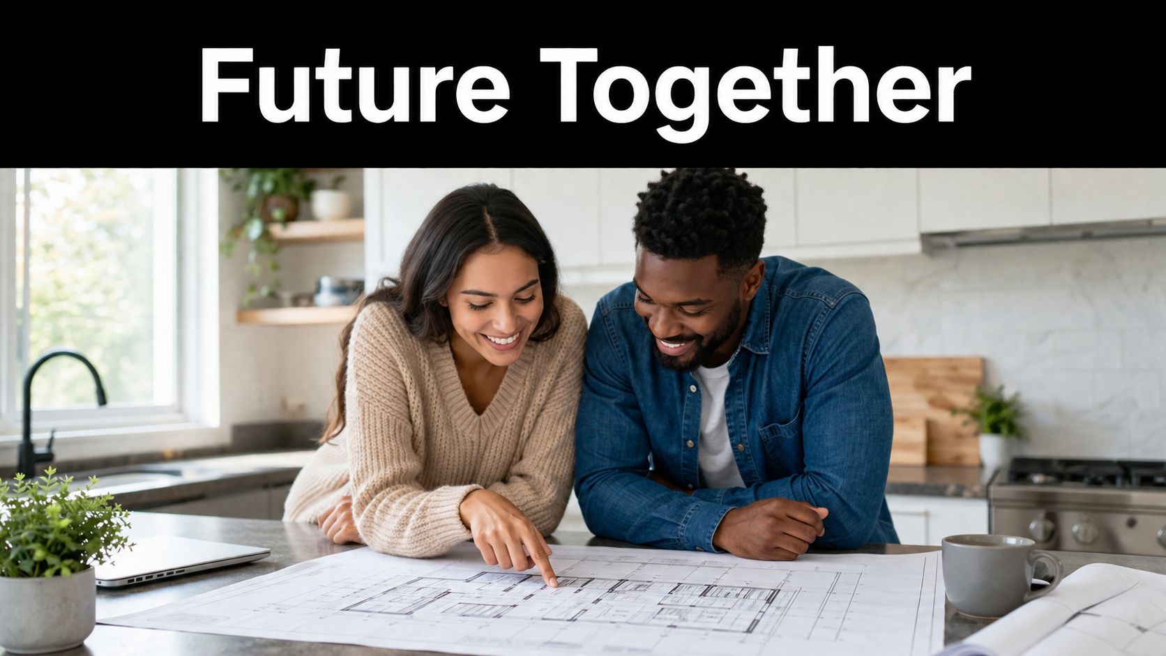 A happy couple looks at house blueprints together on a kitchen island while planning their future.