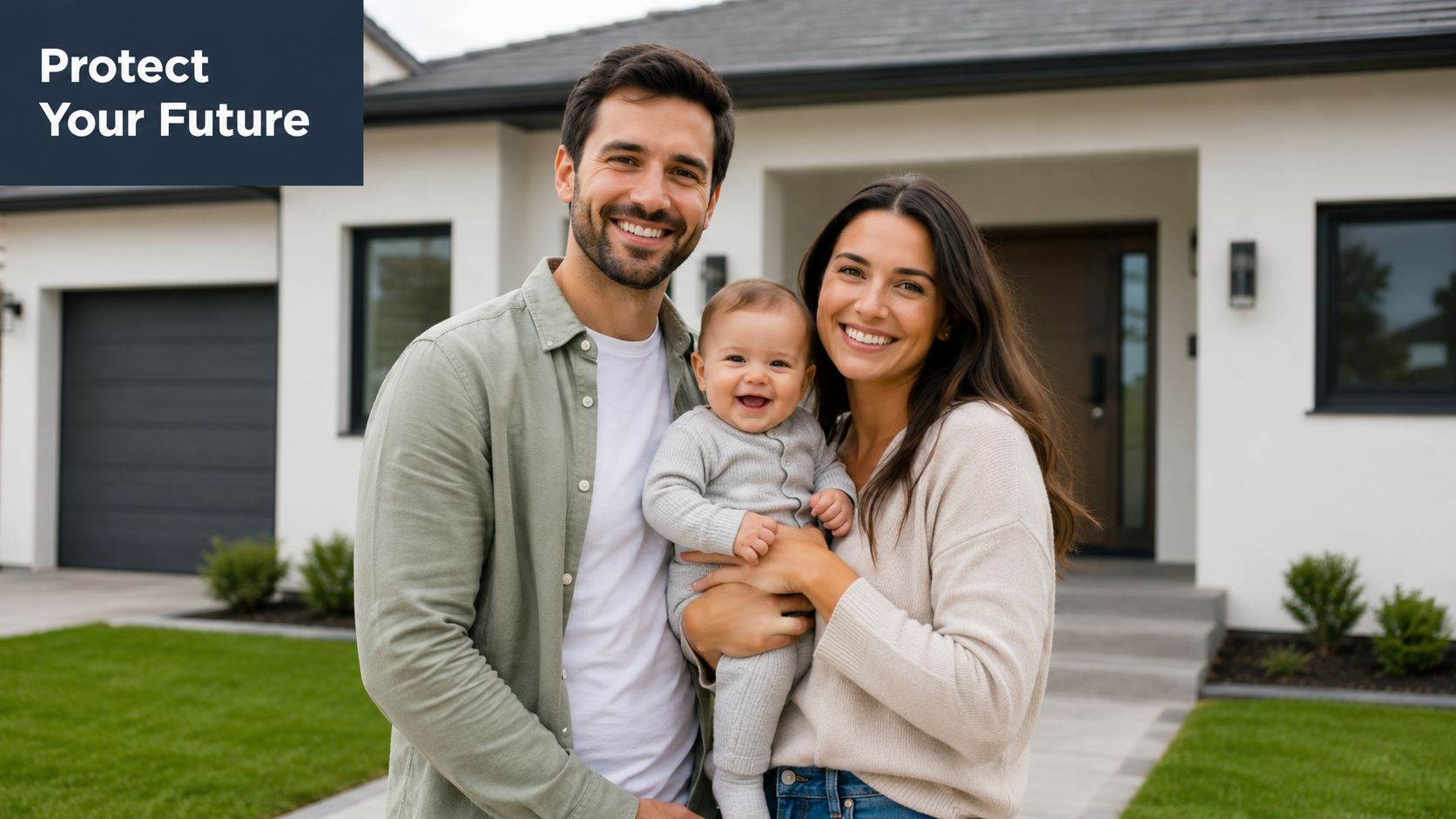 A young family including a father, mother, and their baby standing happily in front of their new house.