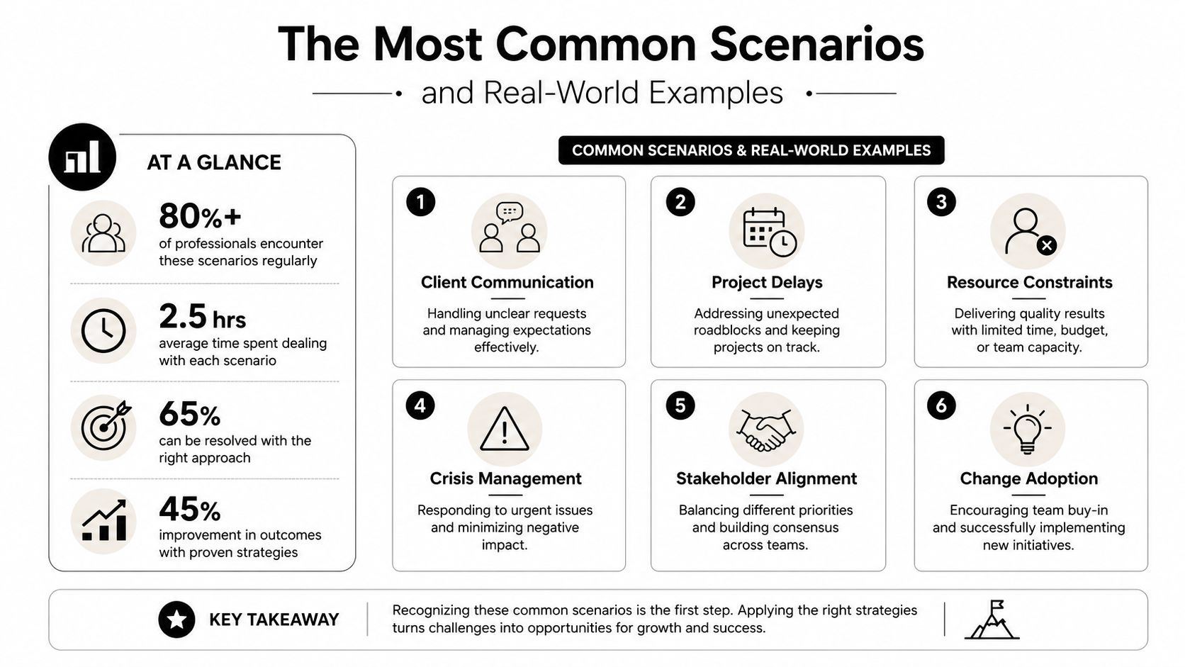 An infographic titled The Most Common Scenarios displaying six workplace challenges and key statistics for professionals.