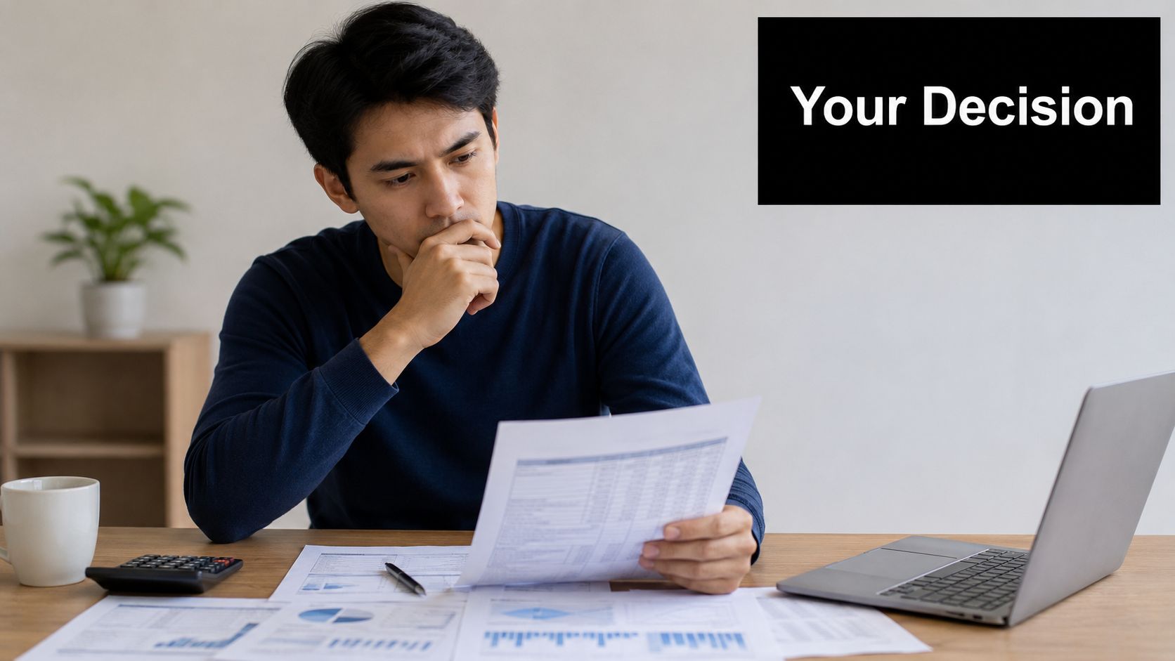 A focused man analyzing financial documents and data on his desk with a laptop and calculator.