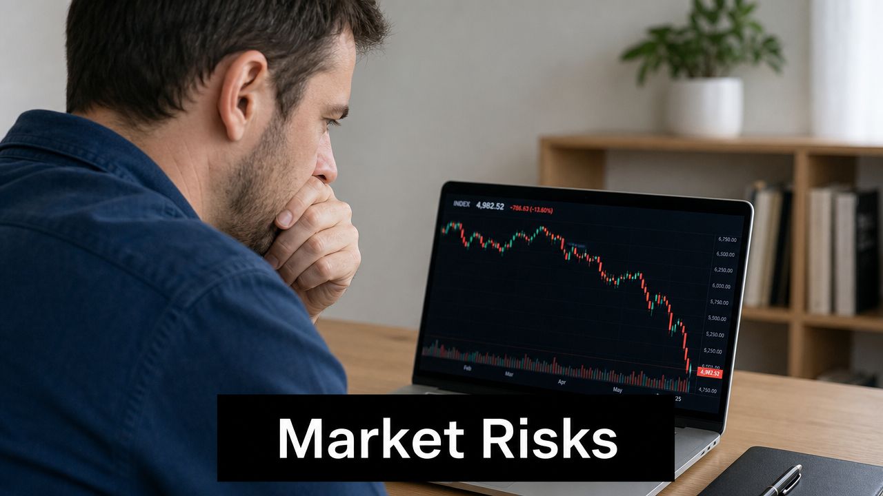 A concerned man looking at a declining stock market graph on his laptop screen.
