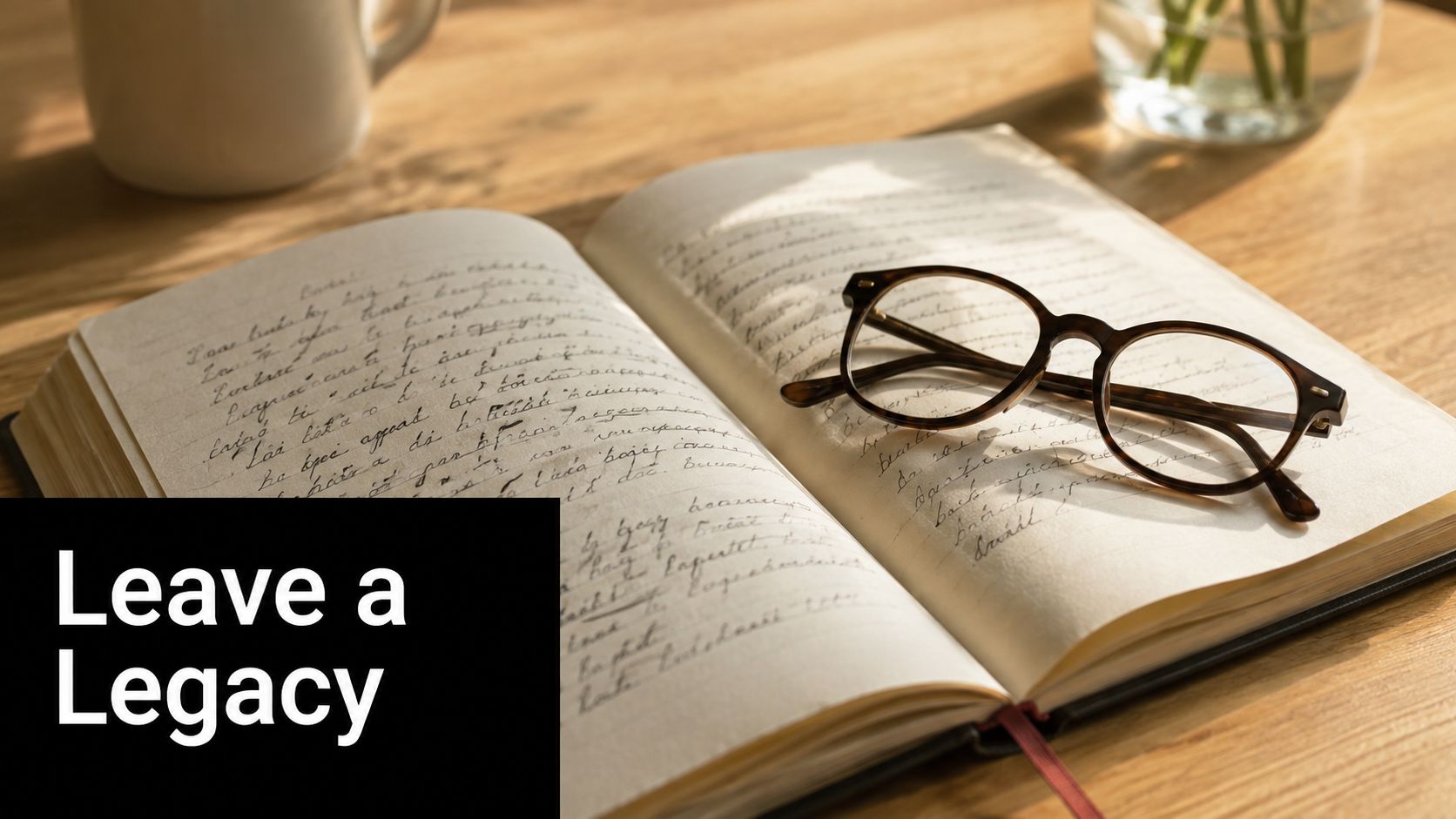 Open handwritten journal with reading glasses on a wooden table with the text Leave a Legacy overlay.