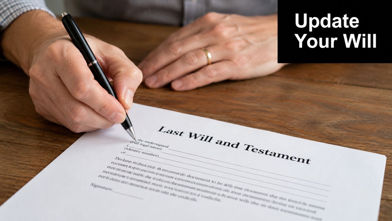 A person writing on a document titled Last Will and Testament with a pen on a wooden desk.