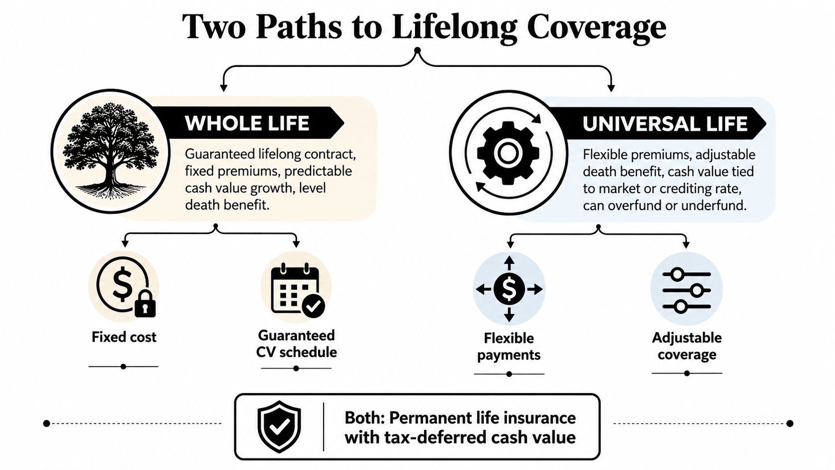 An infographic comparing Whole Life and Universal Life insurance, highlighting their key features and shared permanent benefits.