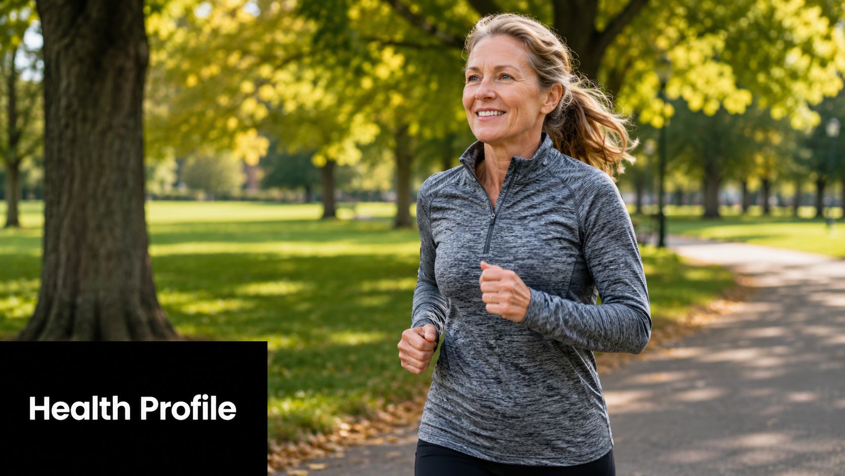 A fit middle-aged woman jogging outdoors in a park, embodying an active and healthy lifestyle.