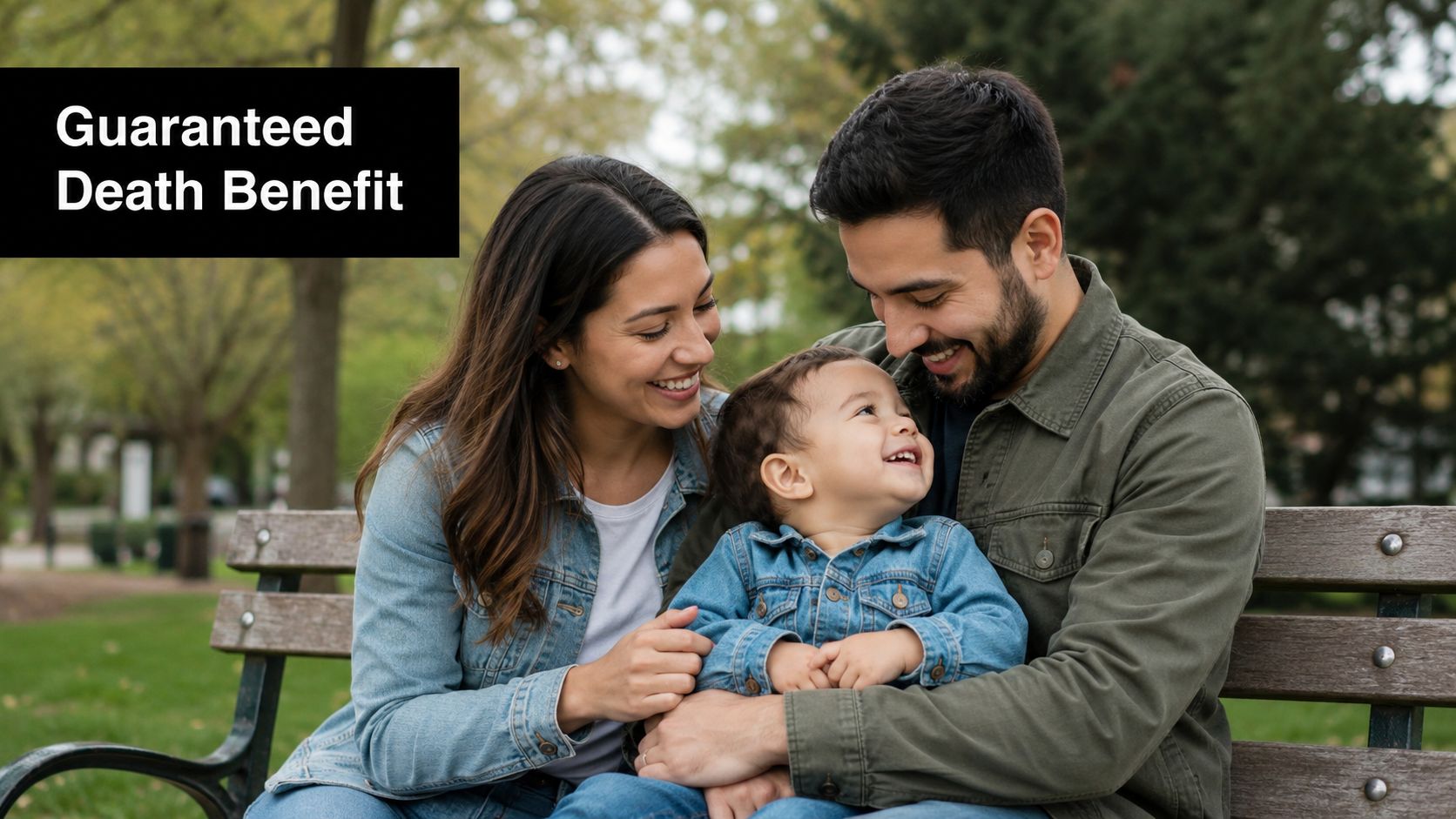 A happy young family with a toddler sitting on a park bench outdoors together.