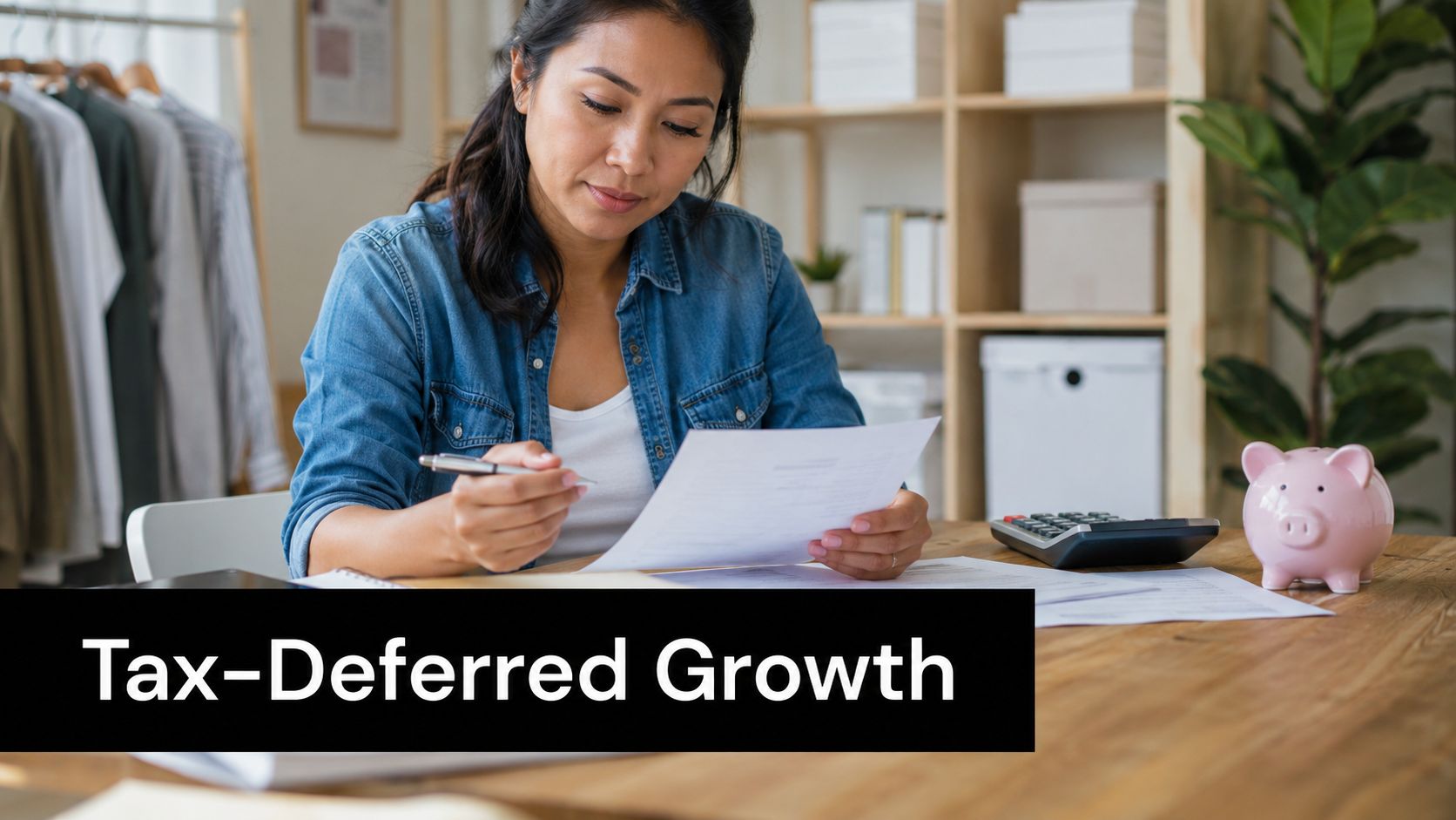 A focused woman reviewing financial documents while sitting at a desk with a piggy bank and calculator.