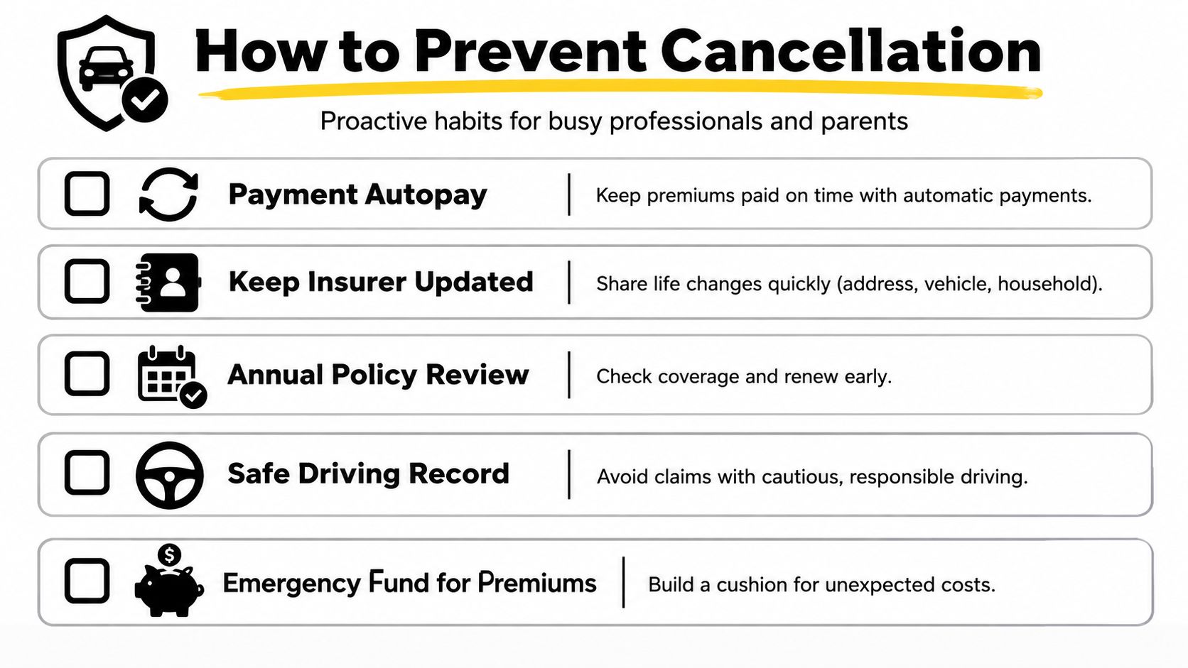 A checklist graphic titled How to Prevent Cancellation offering tips for maintaining an active insurance policy.