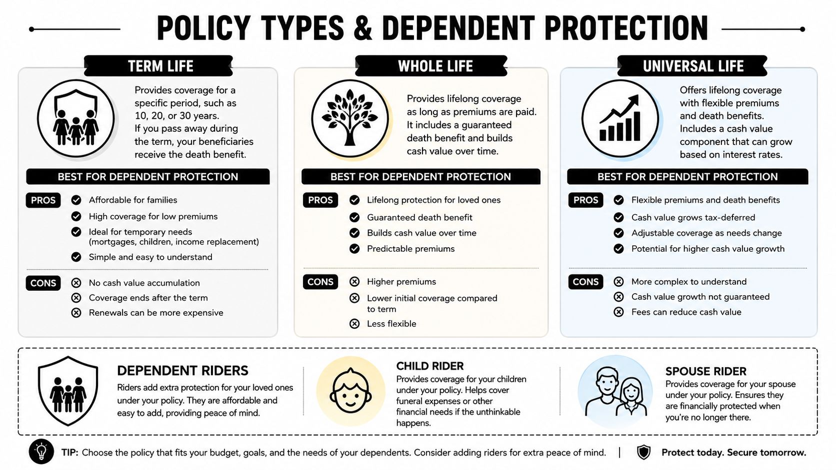 An infographic comparing term, whole, and universal life insurance policies along with various dependent rider options.