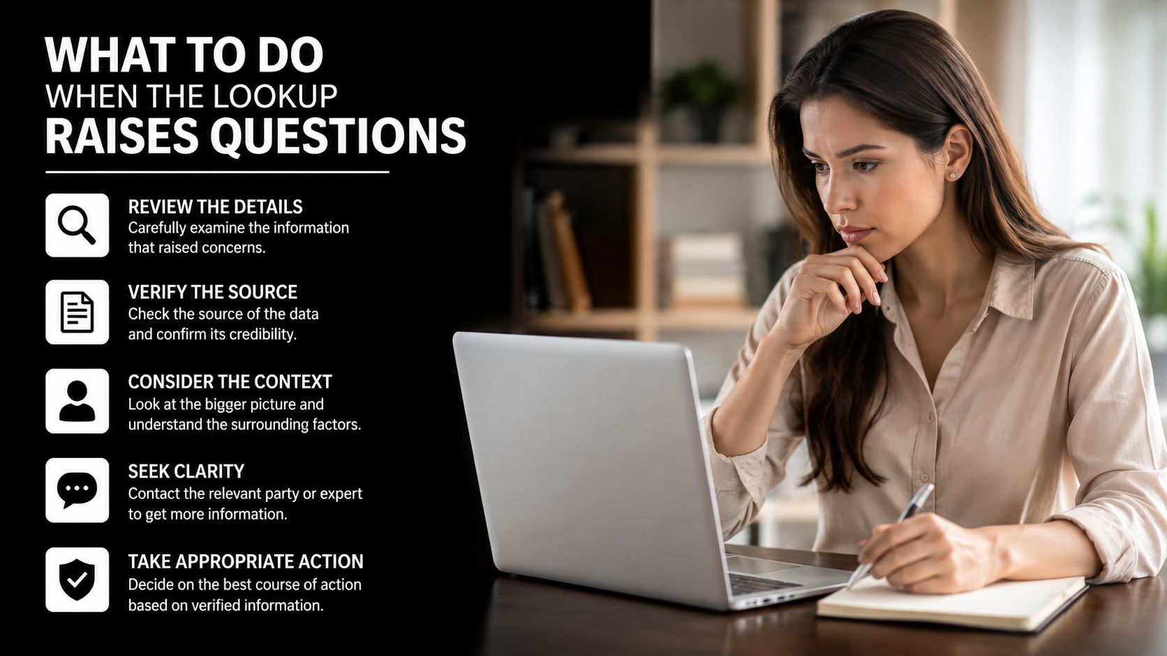 A woman working at a laptop with a guide on what to do when lookups raise questions.