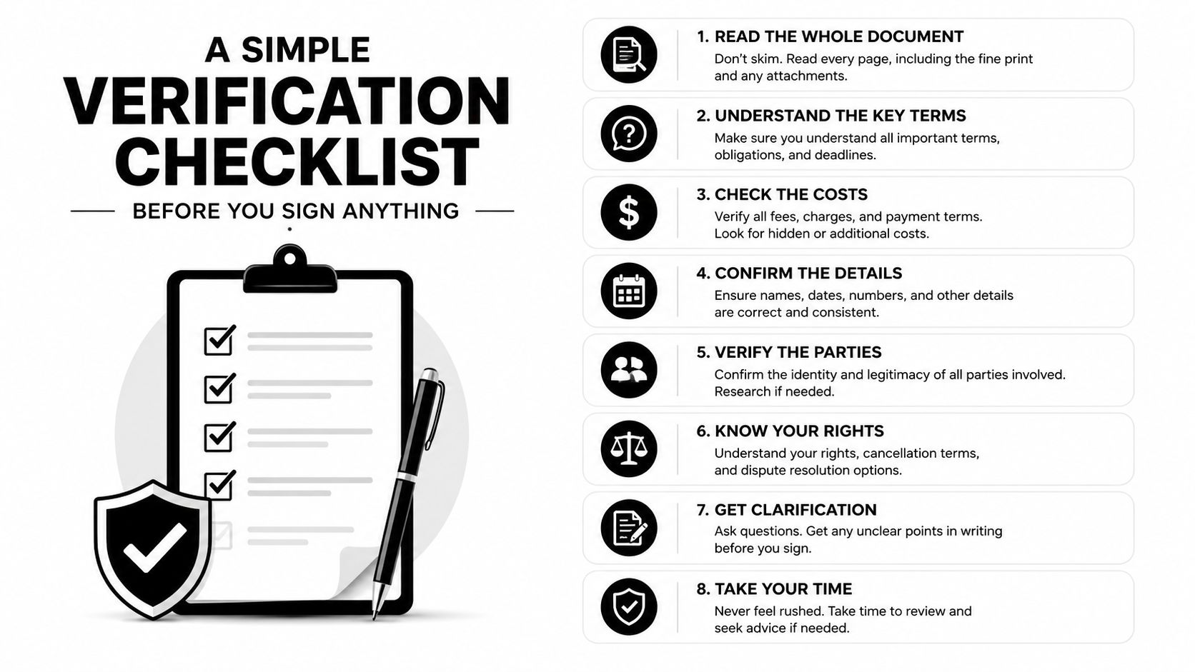 An infographic checklist for verifying important documents before signing, presented with eight numbered points.