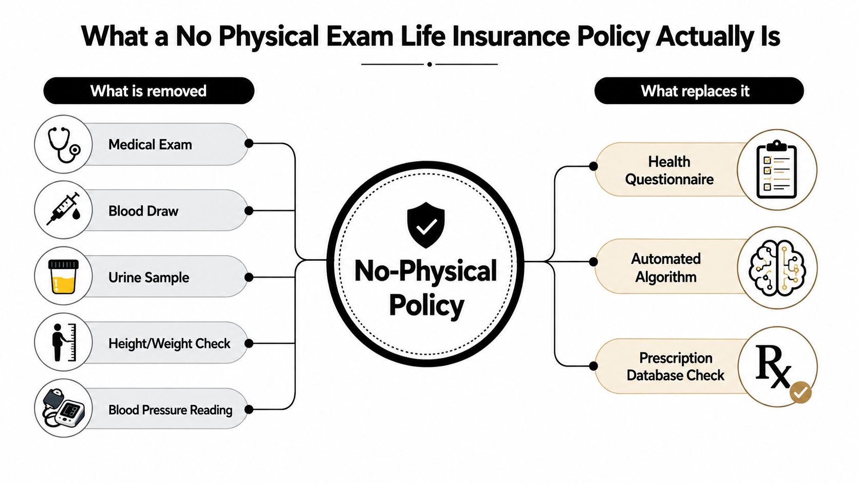 A diagram explaining that a no physical exam life insurance policy replaces medical tests with digital alternatives.