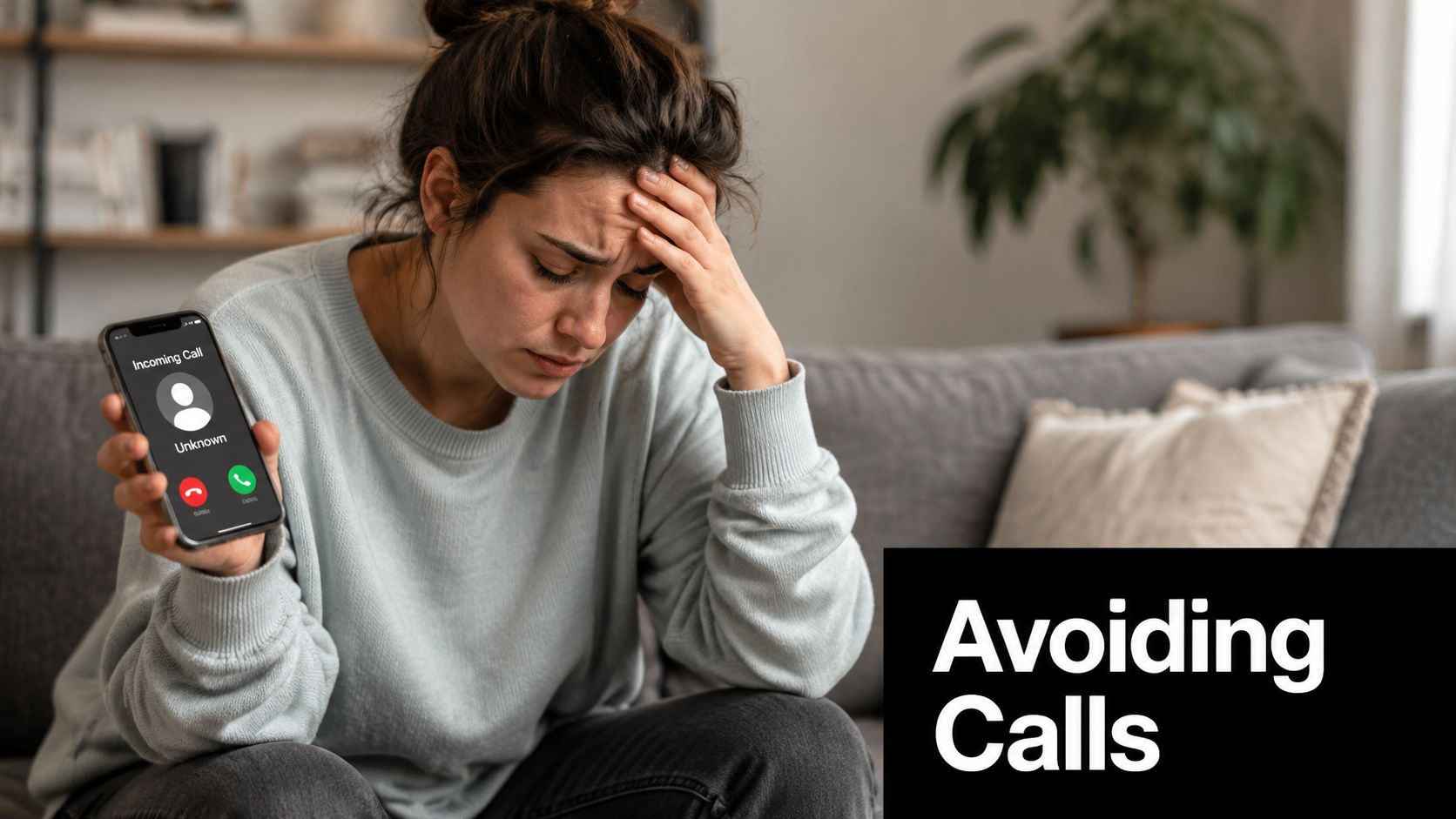 A woman looks stressed while holding a smartphone displaying an incoming unknown caller, symbolizing phone anxiety.