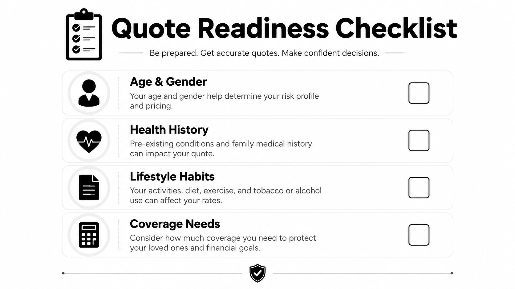 A Quote Readiness Checklist graphic outlining key factors for obtaining accurate life insurance quotes and planning.