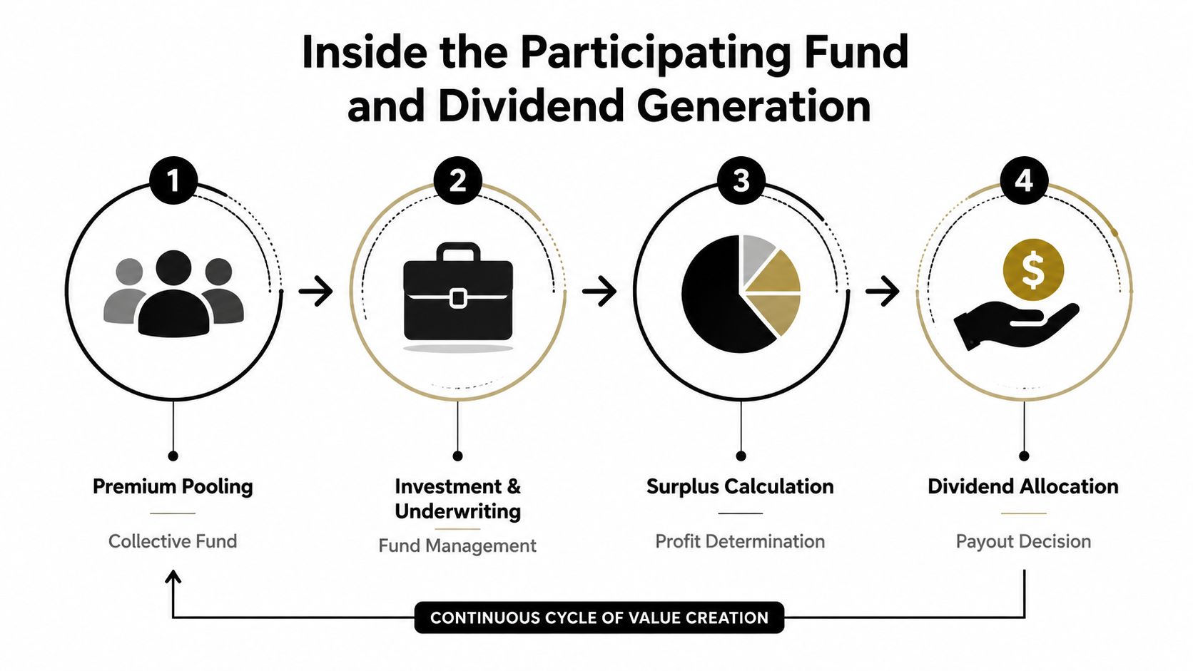 A diagram illustrating the four steps of the participating fund and dividend generation process for insurance.