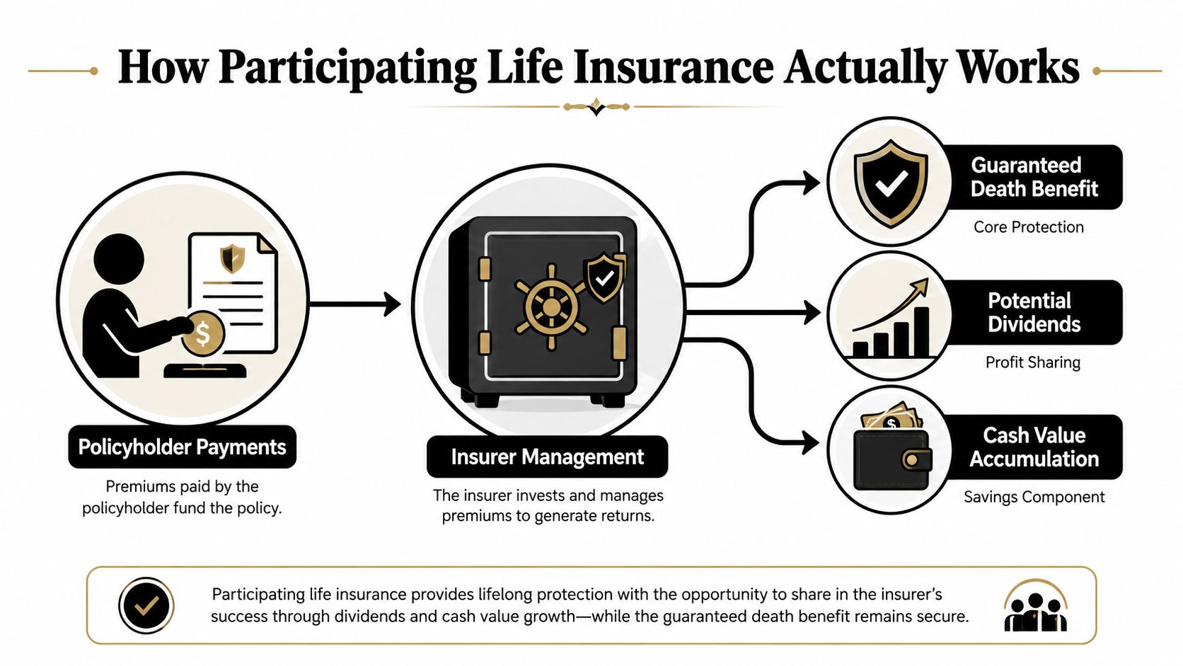 A diagram illustrating how participating life insurance works through policyholder payments, insurer management, and resulting benefits.