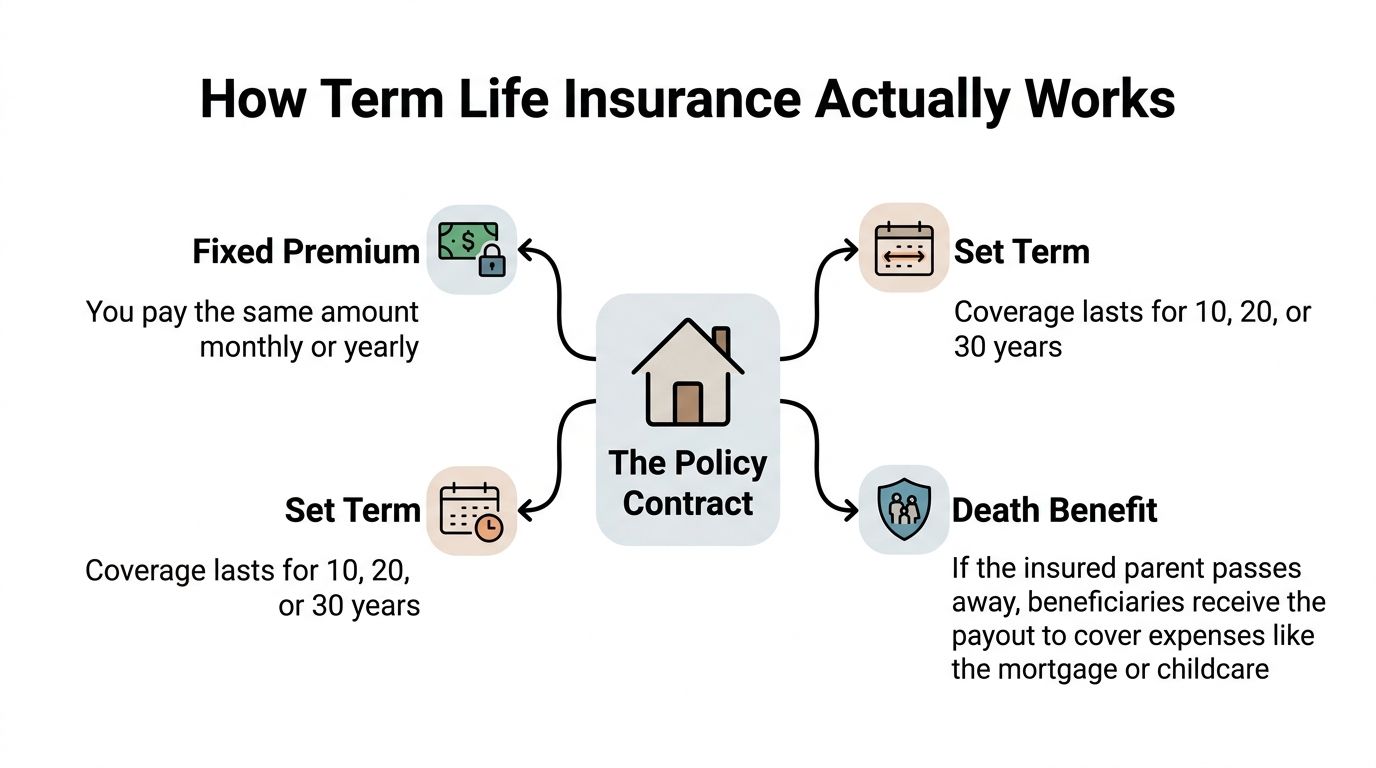An infographic explaining how term life insurance works through fixed premiums, set coverage terms, and death benefits.