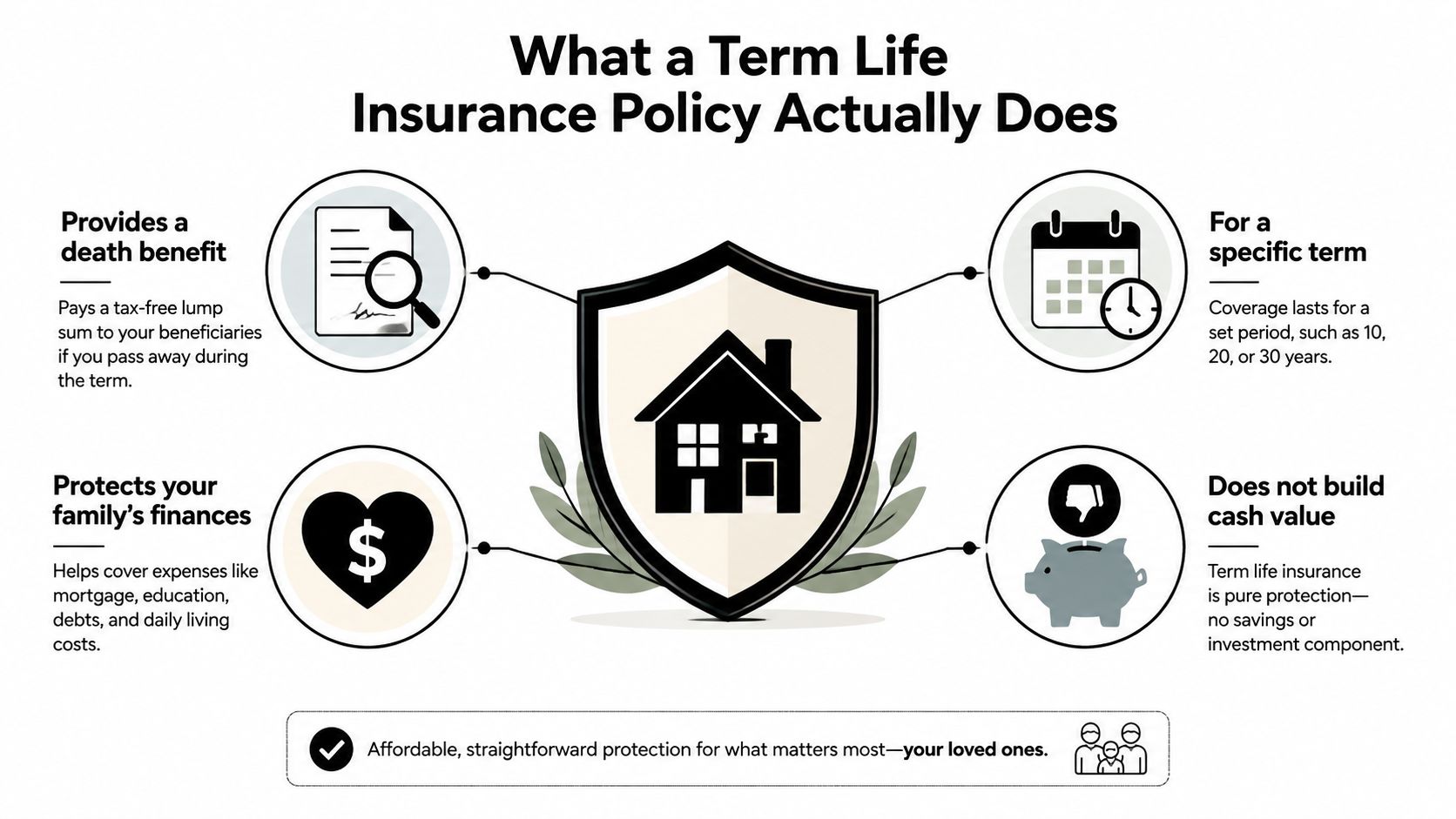 An infographic explaining how term life insurance provides death benefits, financial protection, and coverage for set periods.