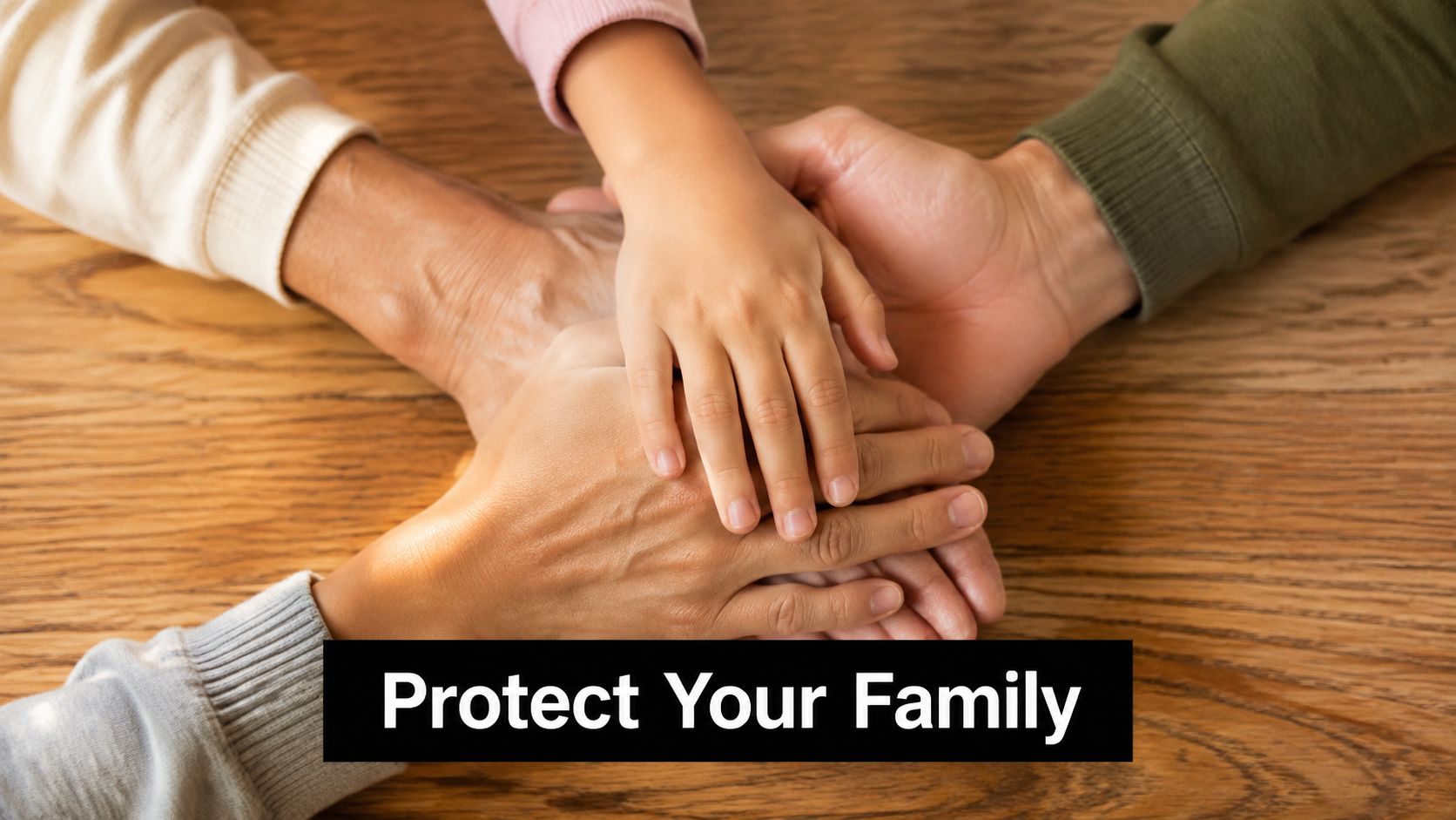 A family stacking their hands together on a wooden table to symbolize unity and support.