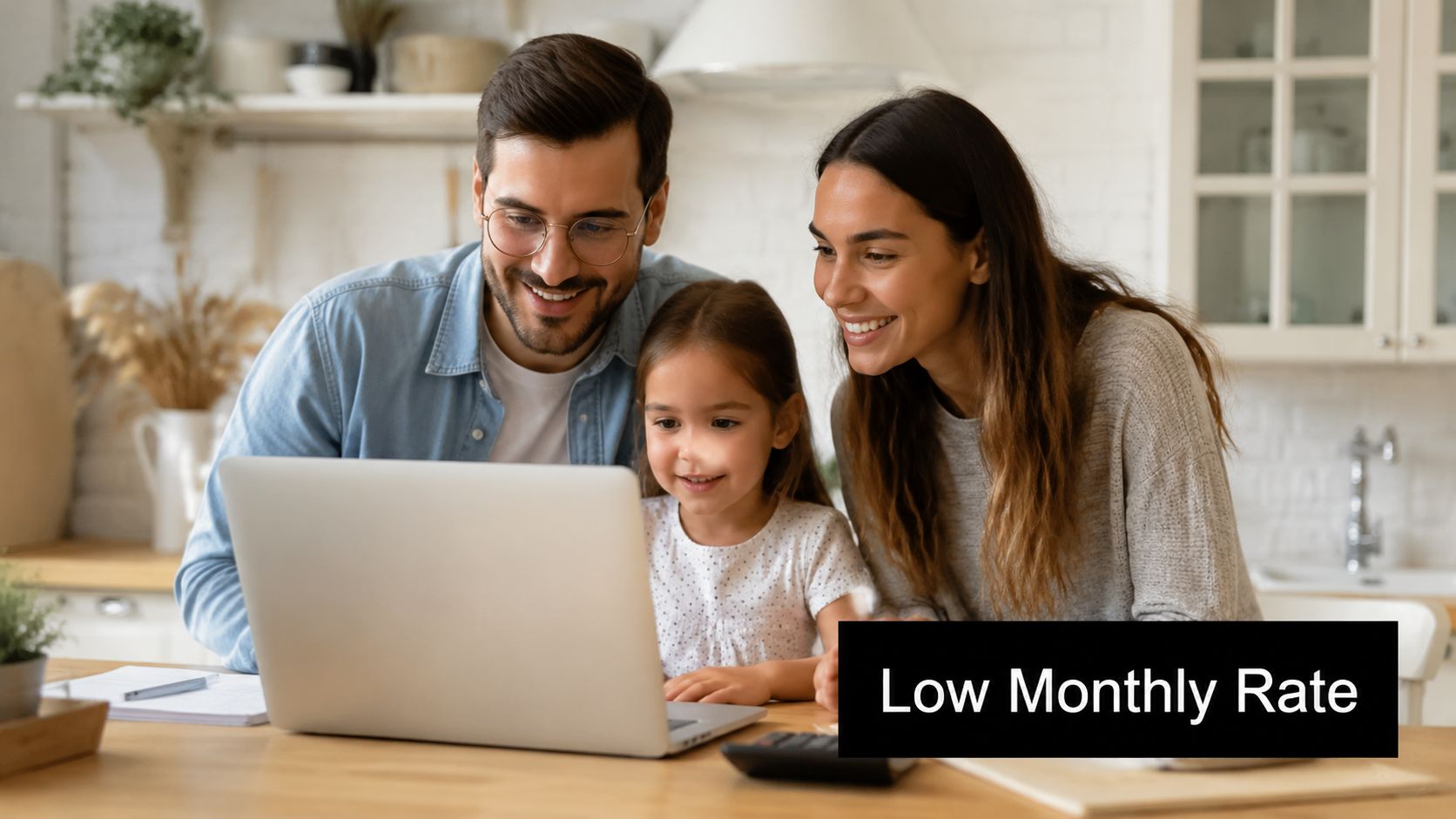 A happy young family looking together at a laptop screen while working at their kitchen table.