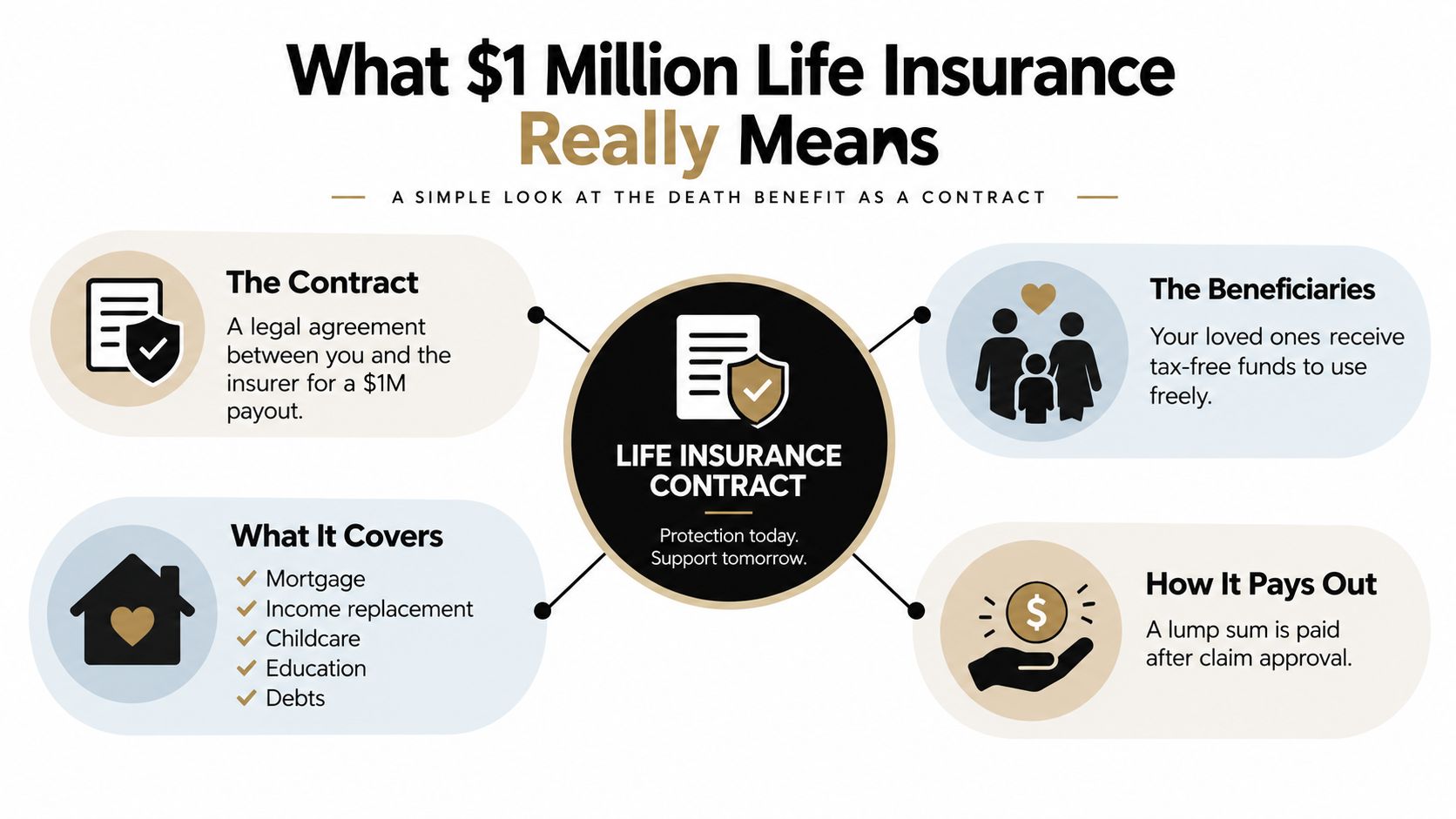 An infographic explaining the benefits and core concepts of a $1 million life insurance contract for families.