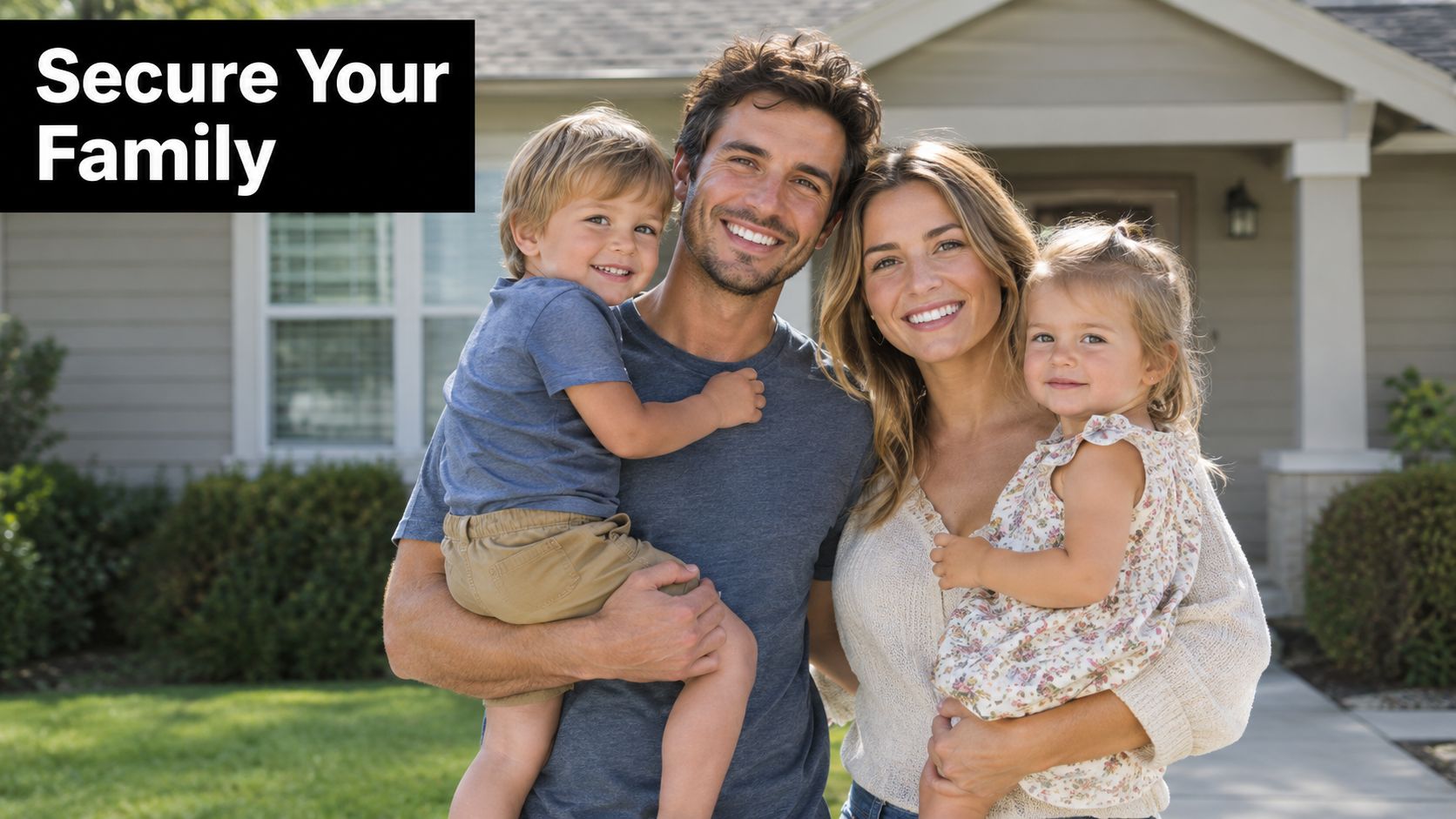 A happy young family posing together in front of their suburban home, smiling towards the camera.