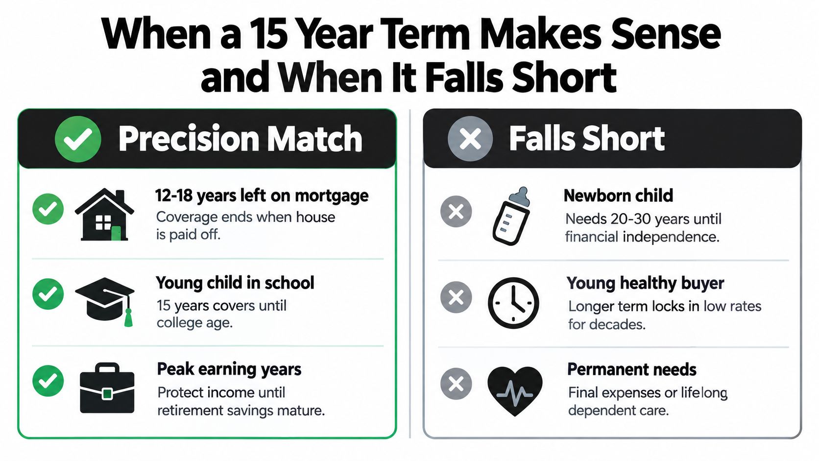 A comparison chart showing when a 15-year life insurance term is a good choice versus when it fails.