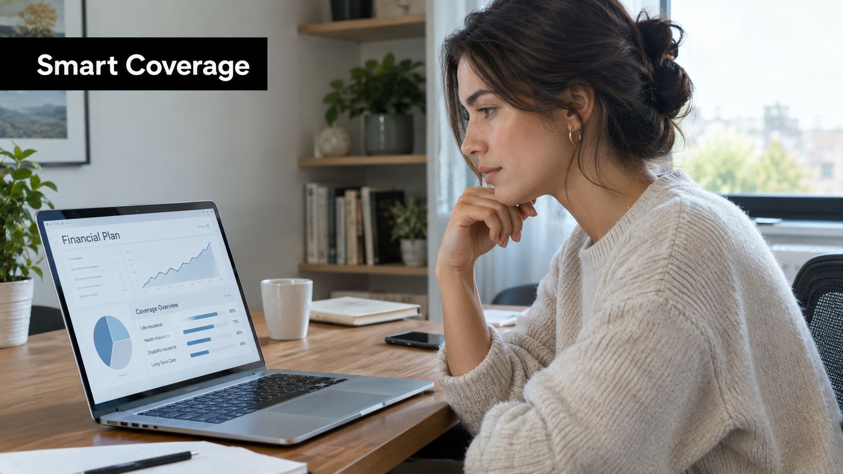A woman reviewing her financial plan and insurance coverage details on a laptop while working at home.