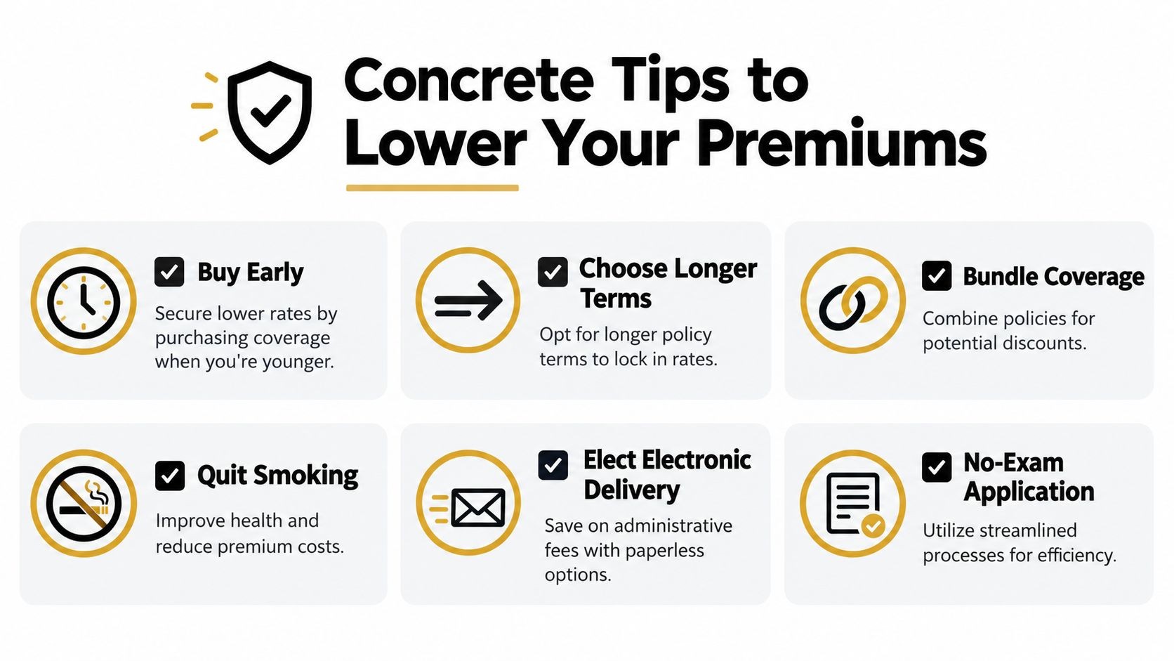 An infographic titled Concrete Tips to Lower Your Premiums featuring six icons representing financial savings strategies.